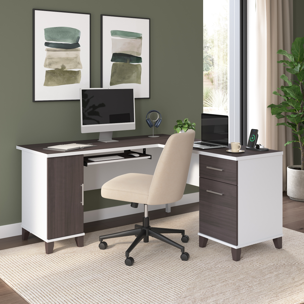 Shop Bush Home Somerset 60W L Shaped Desk with Storage, Image 01, WC81030K, #color_storm gray/white