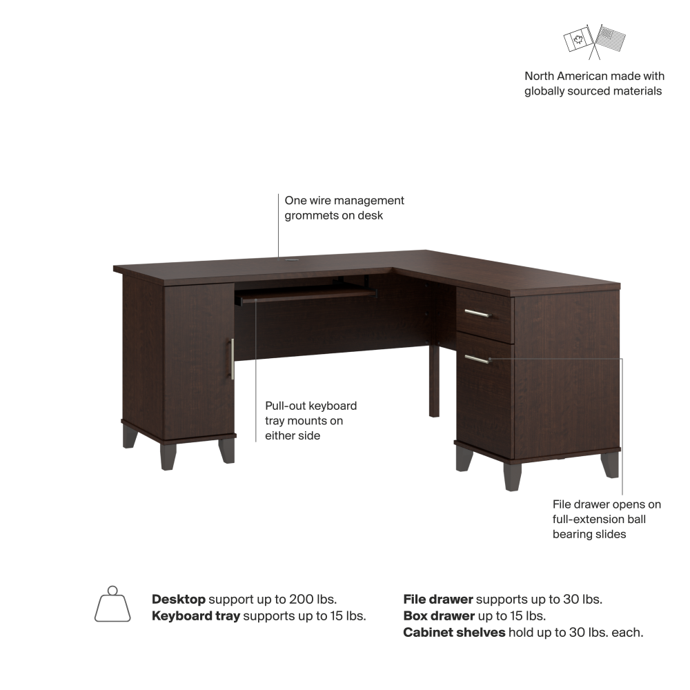 Shop Bush Home Somerset 60W L Shaped Desk with Storage, Image 07, WC81830K, #color_mocha cherry