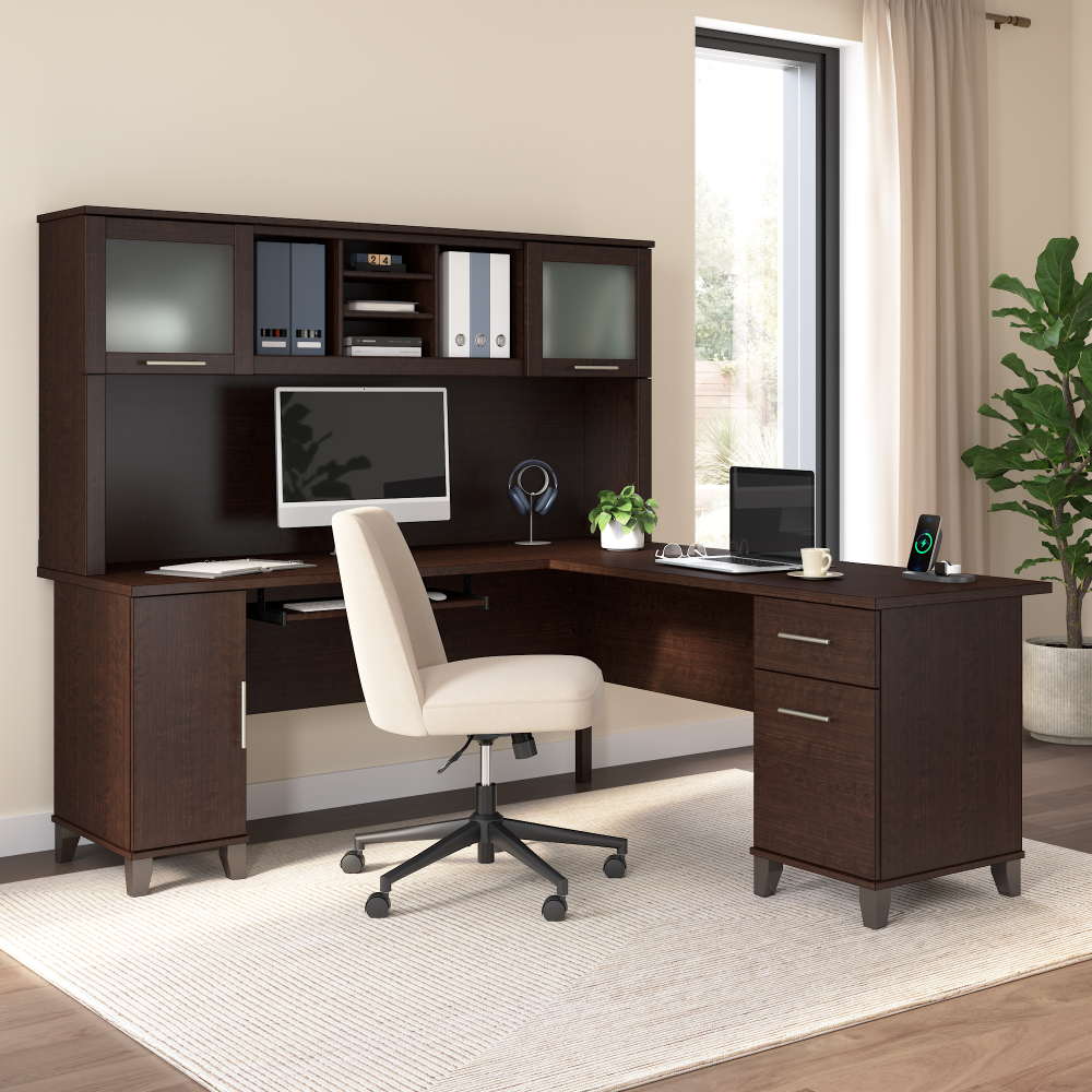 Shop Bush Home Somerset 72W L Shaped Desk with Hutch, Image 01, SET001MR, #color_mocha cherry