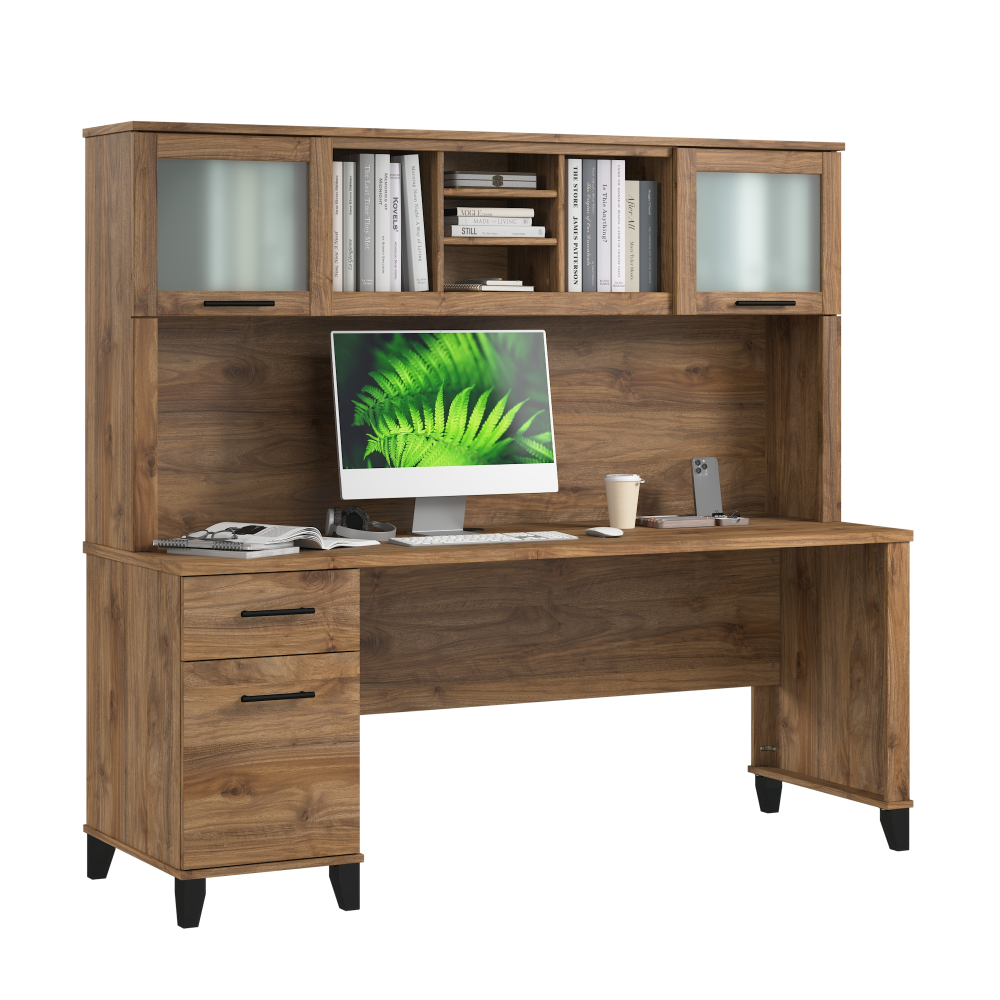 Shop Bush Home Somerset 72W Office Desk with Drawers and Hutch, Image 02, SET018FW, #color_fresh walnut