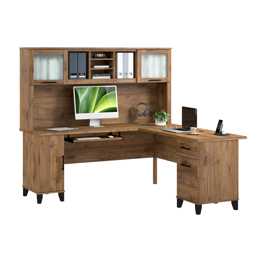 Shop Bush Home Somerset 72W L Shaped Desk with Hutch, Image 02, SET001FW, #color_fresh walnut