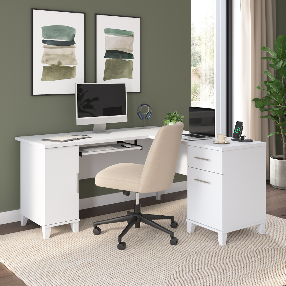 Shop Bush Home Somerset 60W L Shaped Desk with Storage, Image 01, WC81930K, #color_white