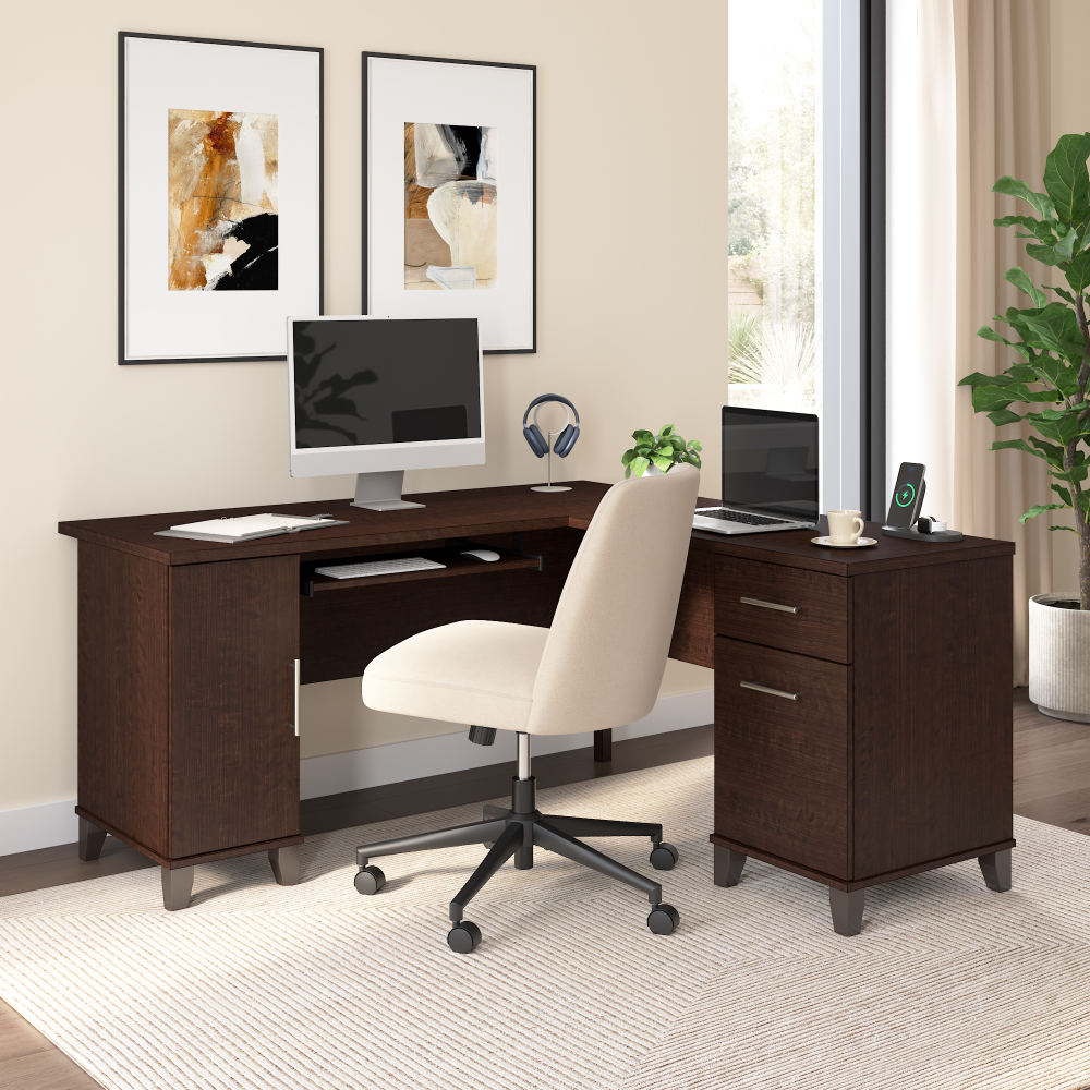 Shop Bush Home Somerset 60W L Shaped Desk with Storage, Image 01, WC81830K, #color_mocha cherry