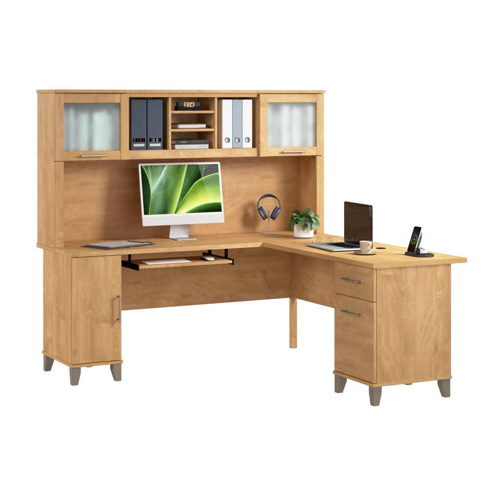 Shop Bush Home Somerset 72W L Shaped Desk with Hutch, Image 02, SET001MC, #color_maple cross