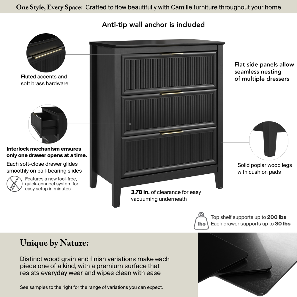 Shop Bush Home Camille Fluted 3 Drawer Dresser, Image 06, CMS130OB-03, #color_onyx birch