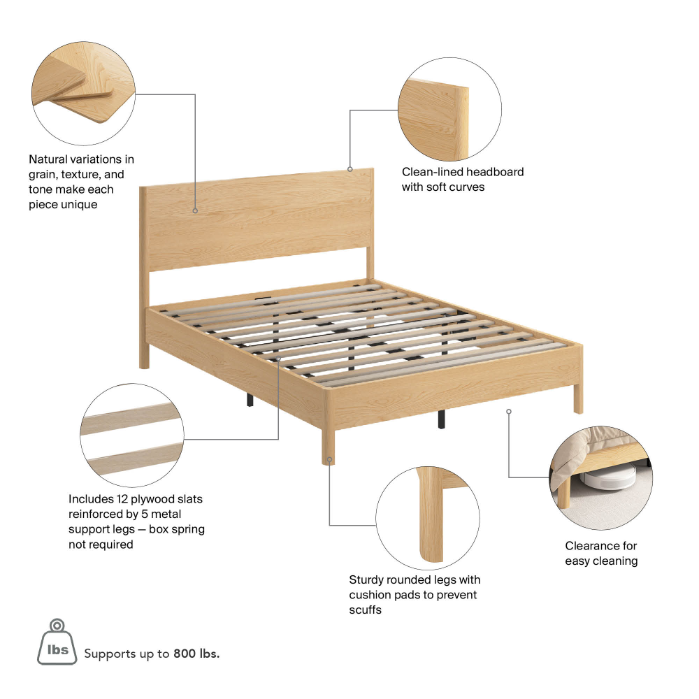 Shop Bush Home Vera Queen Platform Bed Frame with Headboard, Image 06, VRQ165NW-03K, #color_natural white oak/black metal