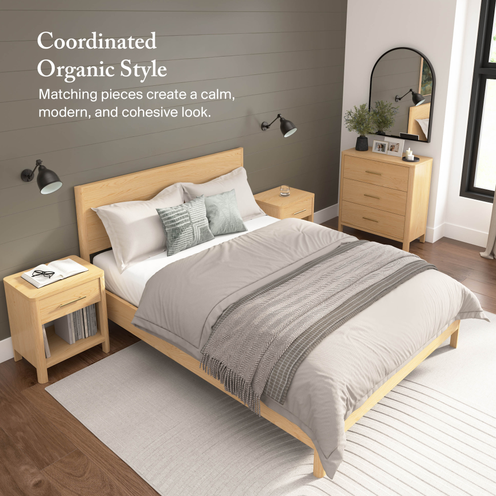 Shop Bush Home Vera Queen Platform Bed with Dresser and Set of 2 Nightstands with Drawer, Image 03, VRA012NW, #color_natural white oak/black metal