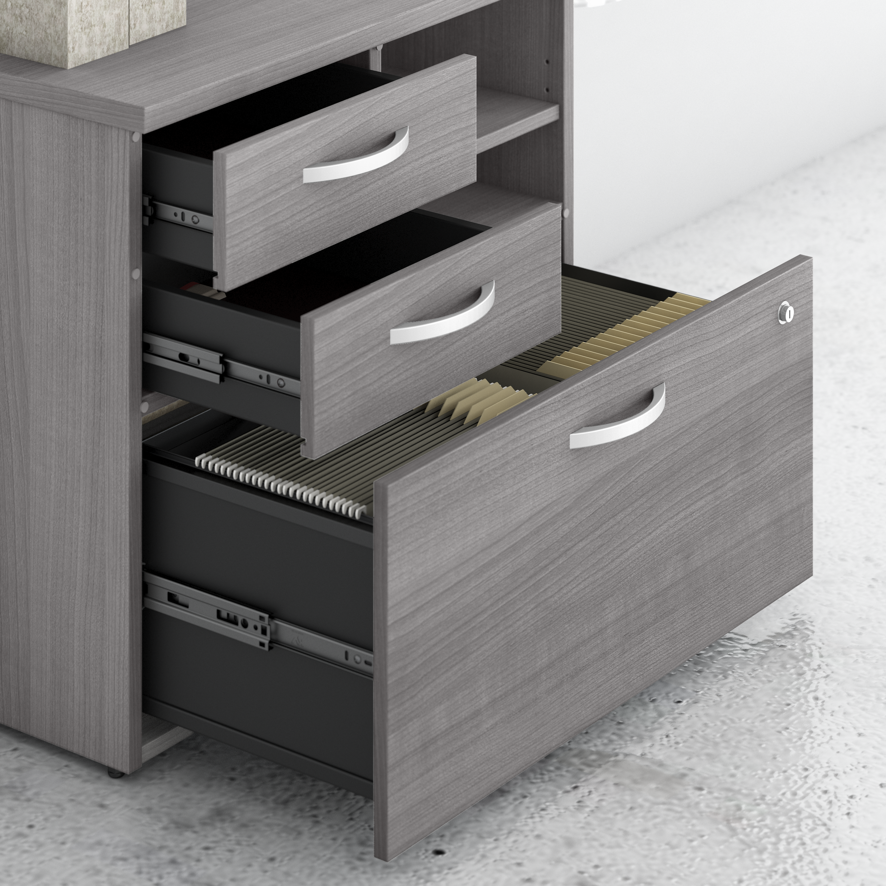 Shop Bush Business Furniture Studio C Office Storage Cabinet with Drawers and Shelves 03 SCF130PGSU #color_platinum gray