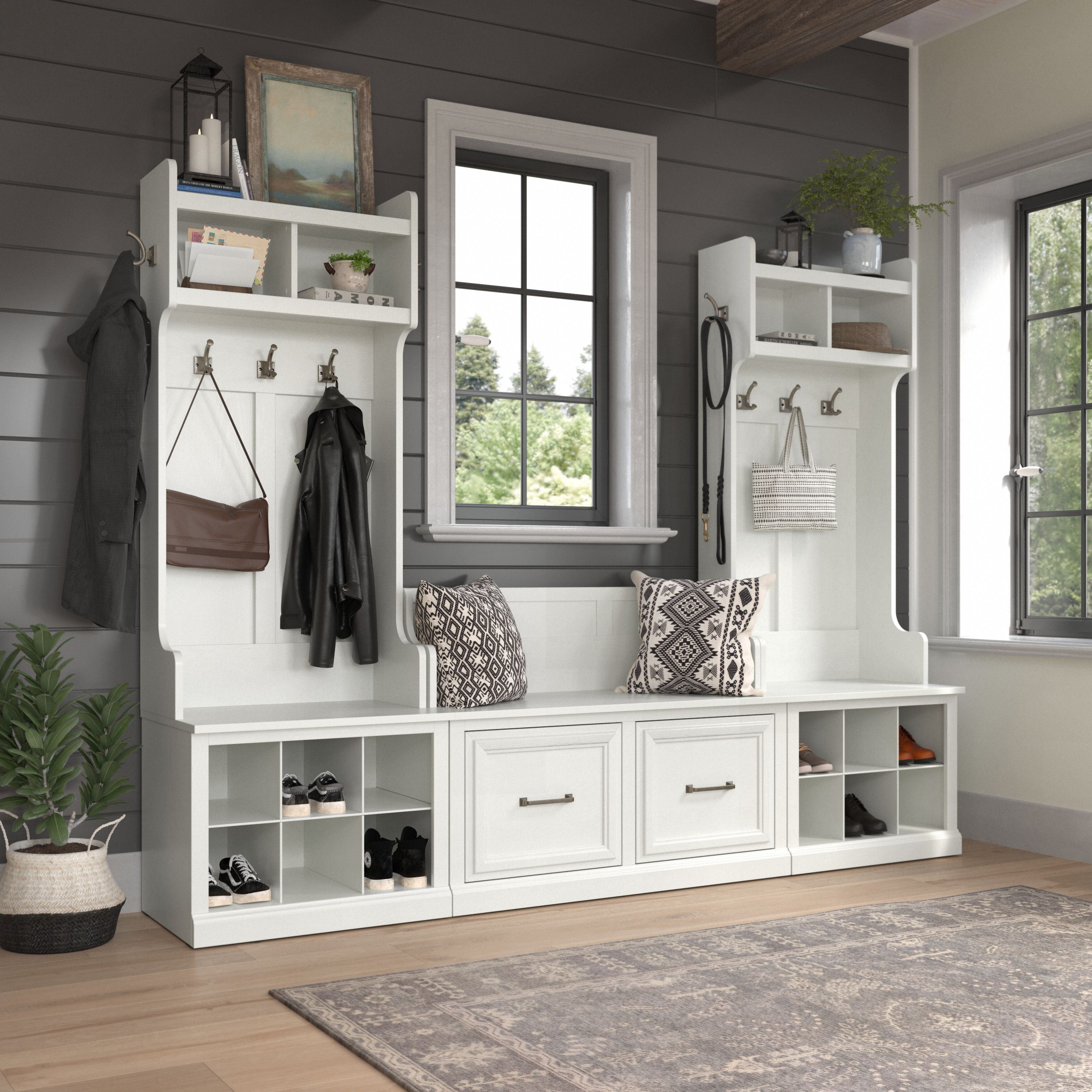 Shop Bush Furniture Woodland Entryway Storage Set with Hall Trees and Shoe Bench with Doors 01 WDL011WAS #color_white ash