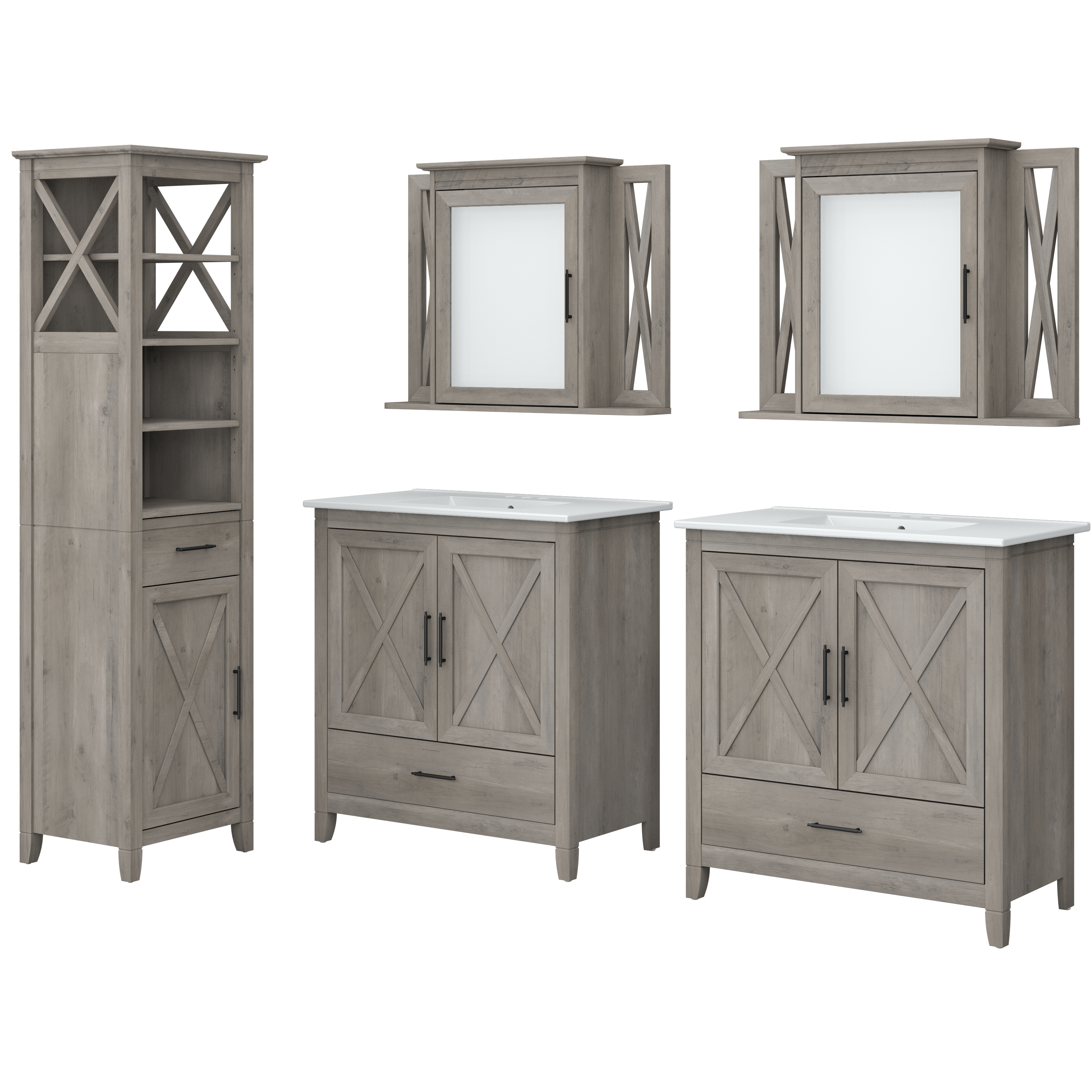 Shop Bush Furniture Key West 64W Double Vanity Set with Sinks, Medicine Cabinets and Linen Tower 02 KWS044DG #color_driftwood gray