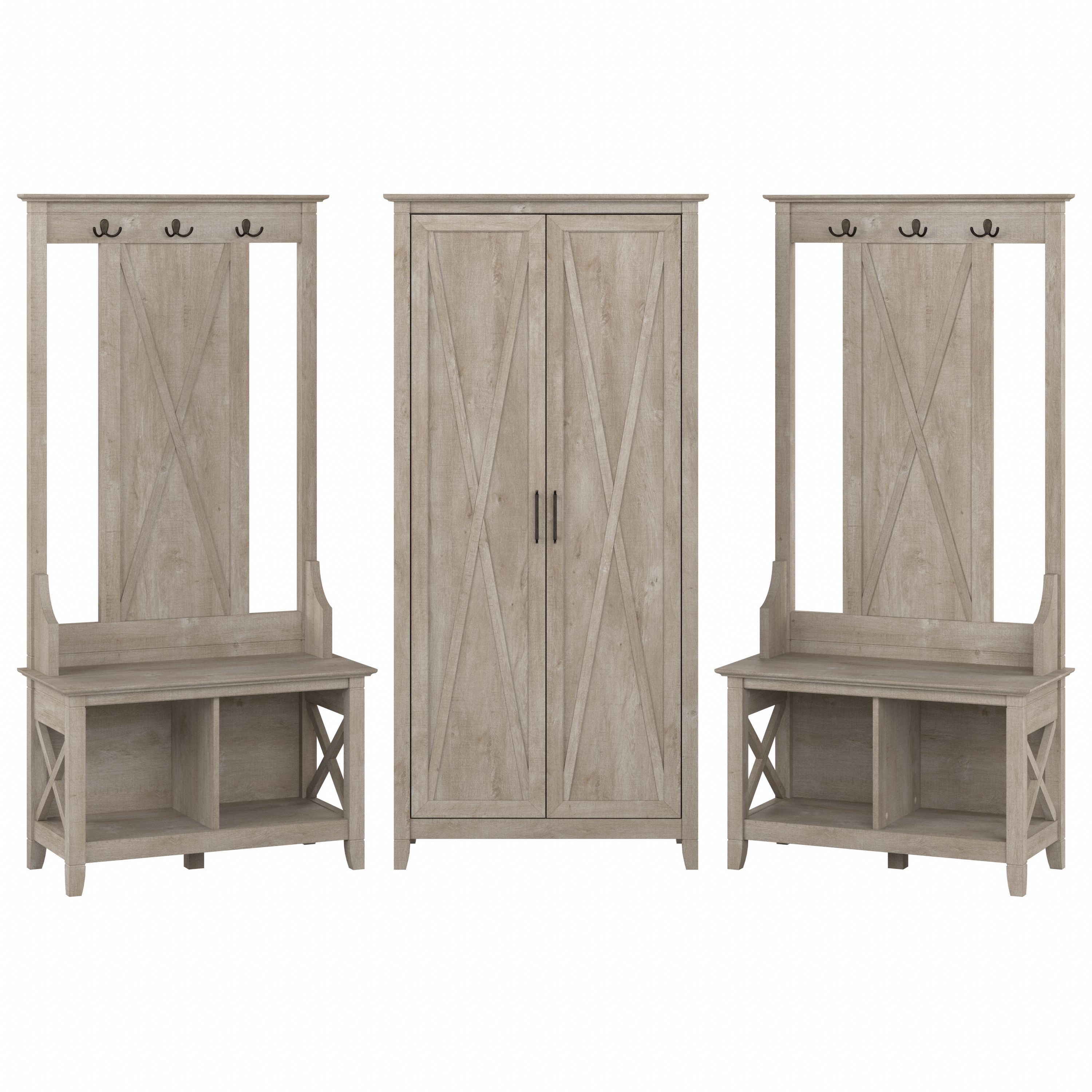 Shop Bush Furniture Key West Entryway Storage Set with Hall Tree, Shoe Bench and Tall Cabinet 02 KWS057WG #color_washed gray