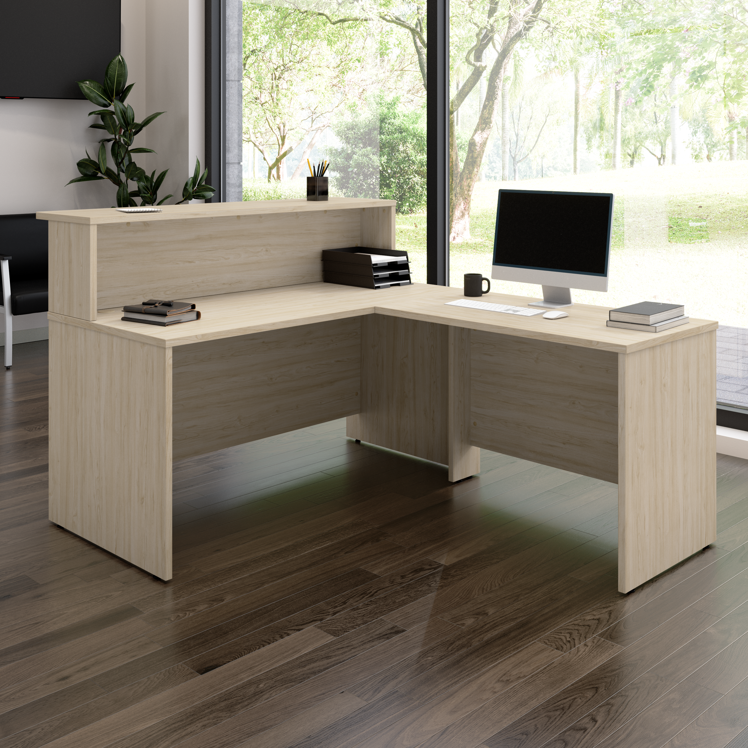Shop Bush Business Furniture Arrive 60W x 72D L Shaped Reception Desk with Shelf 01 ARV003NE #color_natural elm