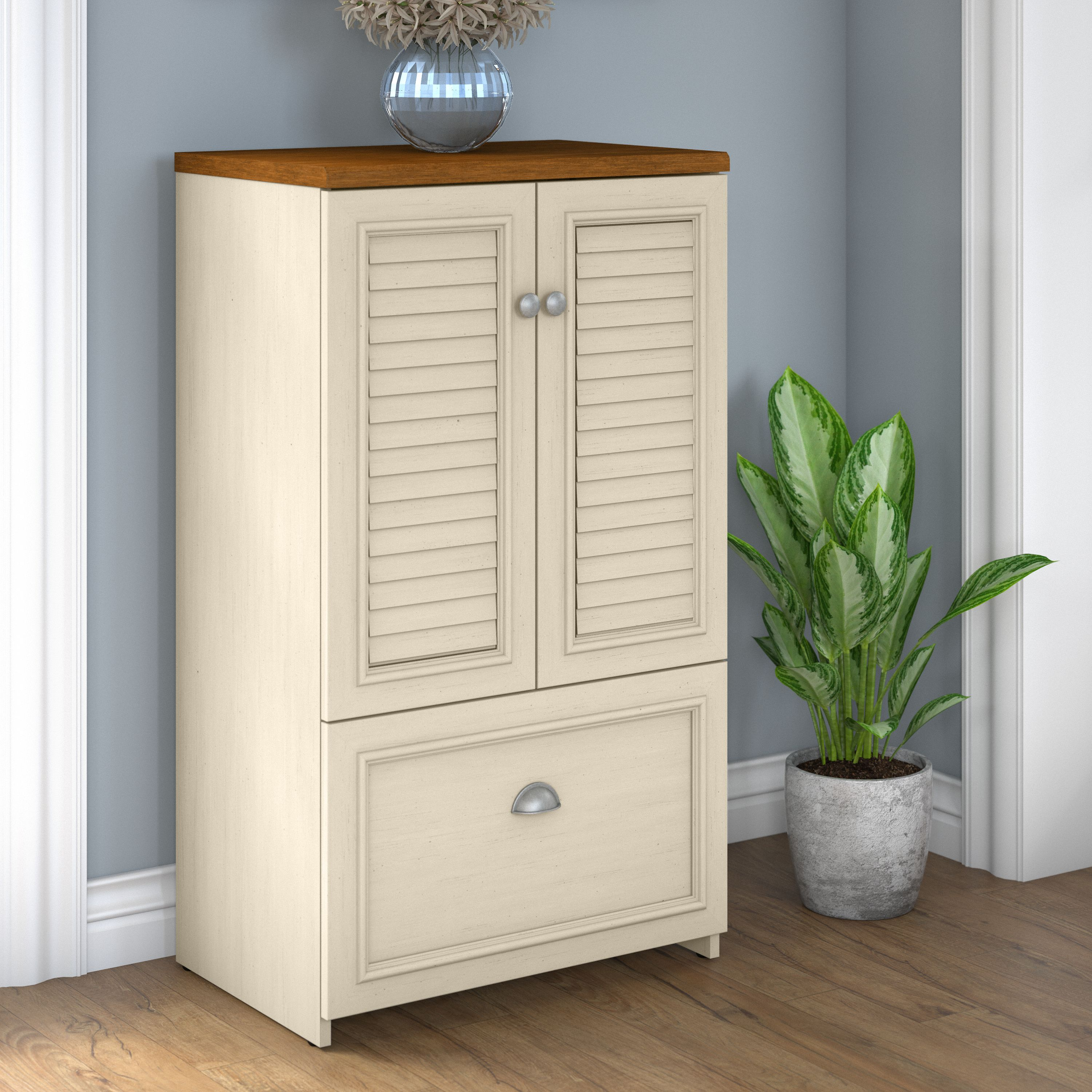 Shop Bush Furniture Fairview Shoe Storage Cabinet with Doors 01 FV020AW #color_antique white