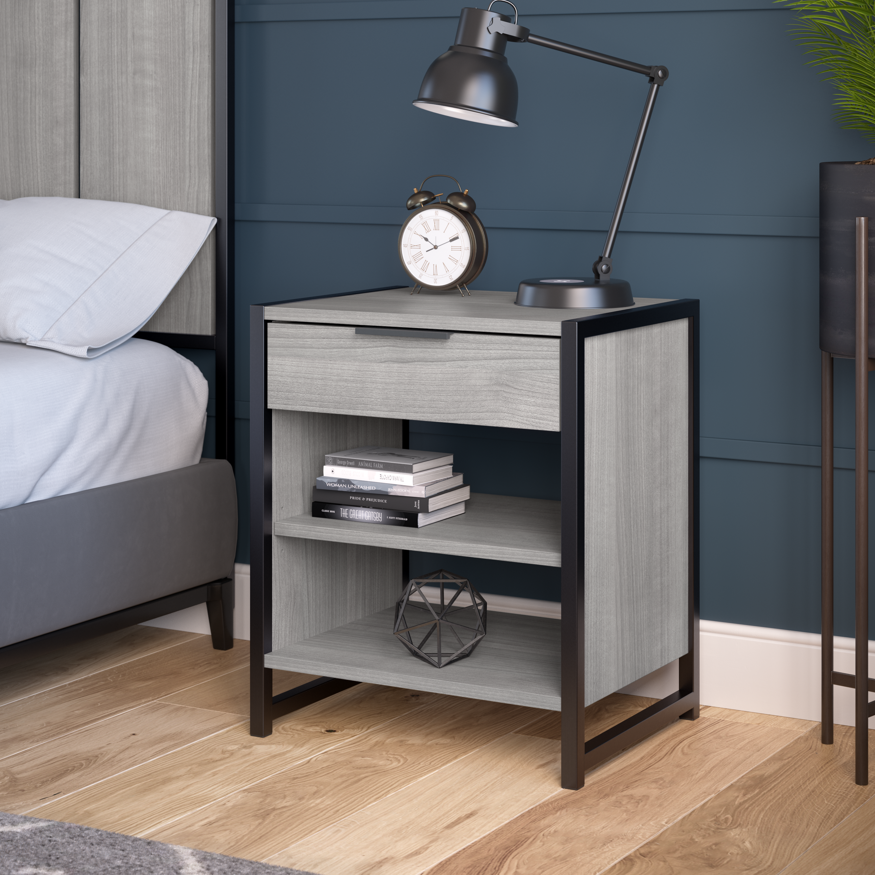 Shop Bush Furniture Atria Small Nightstand with Drawer and Shelves 01 ARS119PG #color_platinum gray
