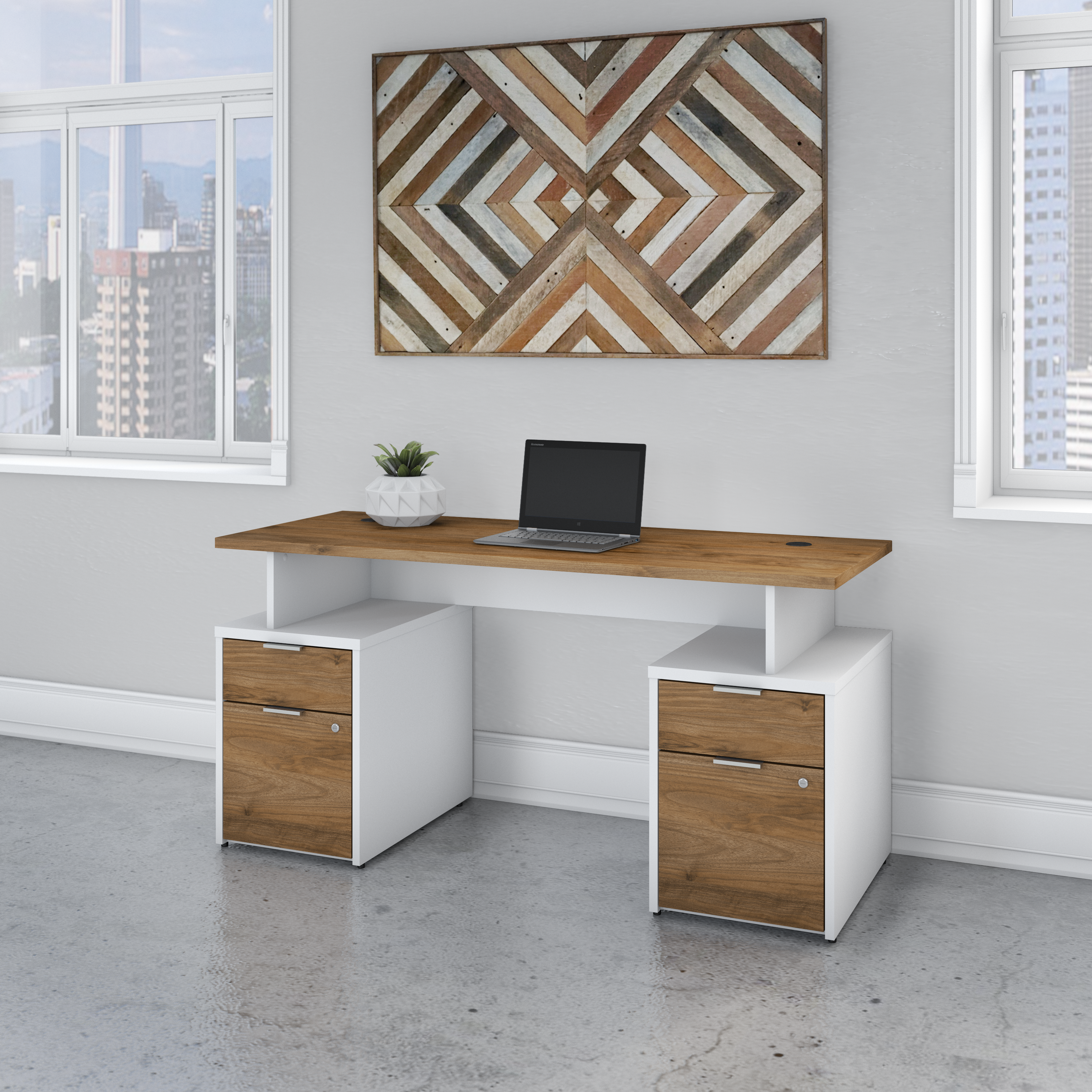 Shop Bush Business Furniture Jamestown 60W Desk with 4 Drawers 01 JTN017FWWHSU #color_fresh walnut/white
