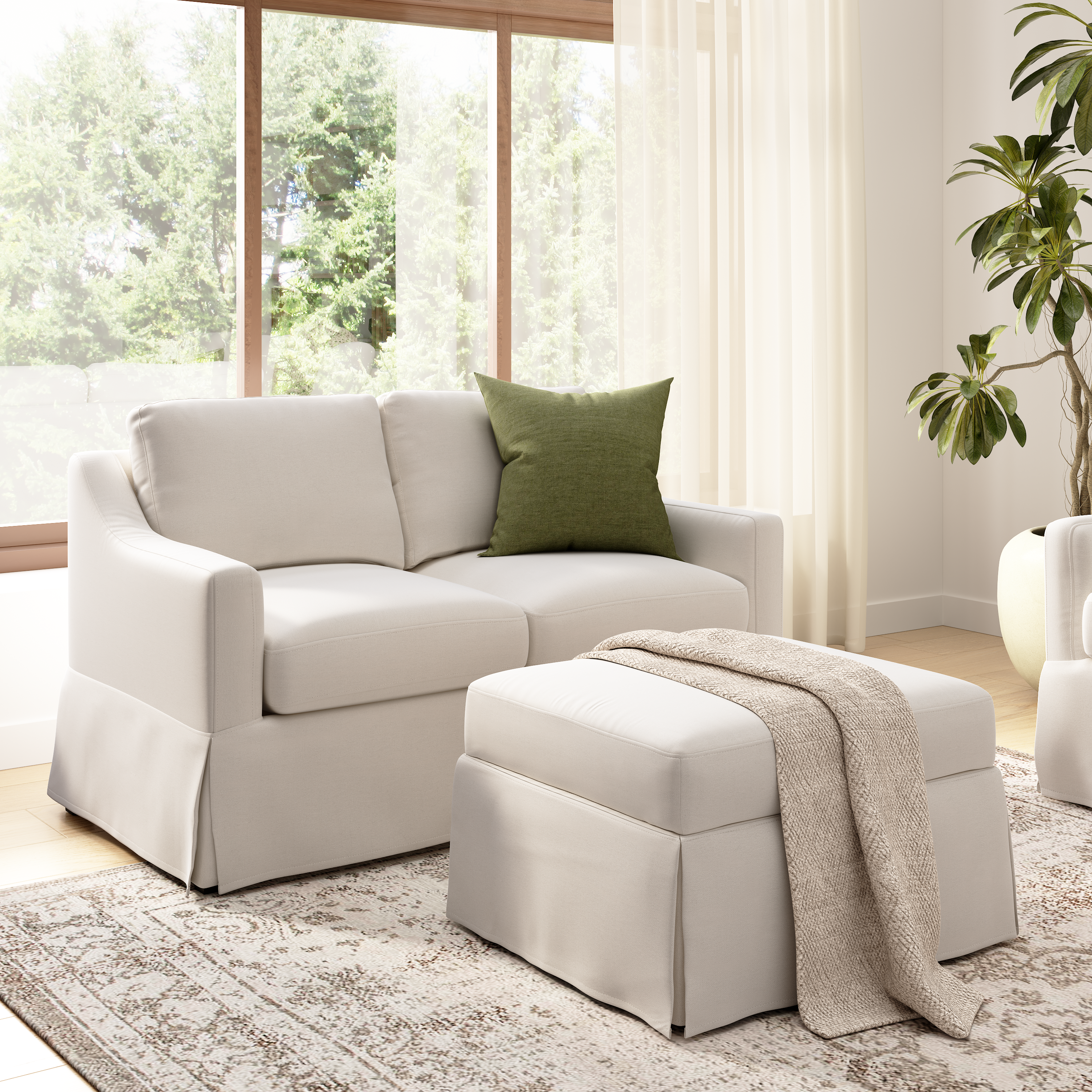 Shop Bush Home Harper 57W Loveseat and Storage Ottoman with Slipcovers HAR004IYB 2 #color_ivory basketweave fabric