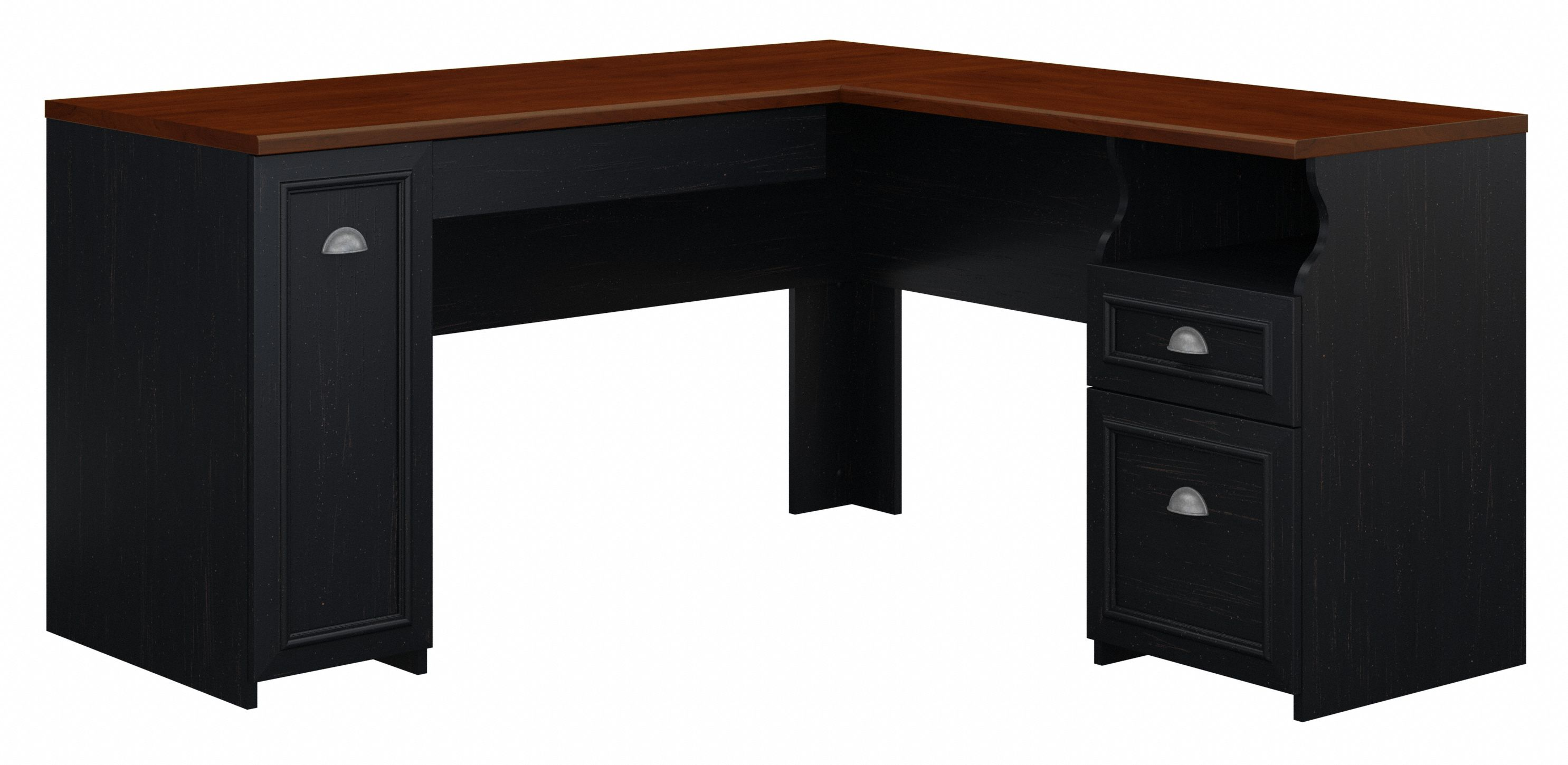 Shop Bush Furniture Fairview 60W L Shaped Desk with Drawers and Storage Cabinet 02 WC53930-03K #color_antique black/hansen cherry