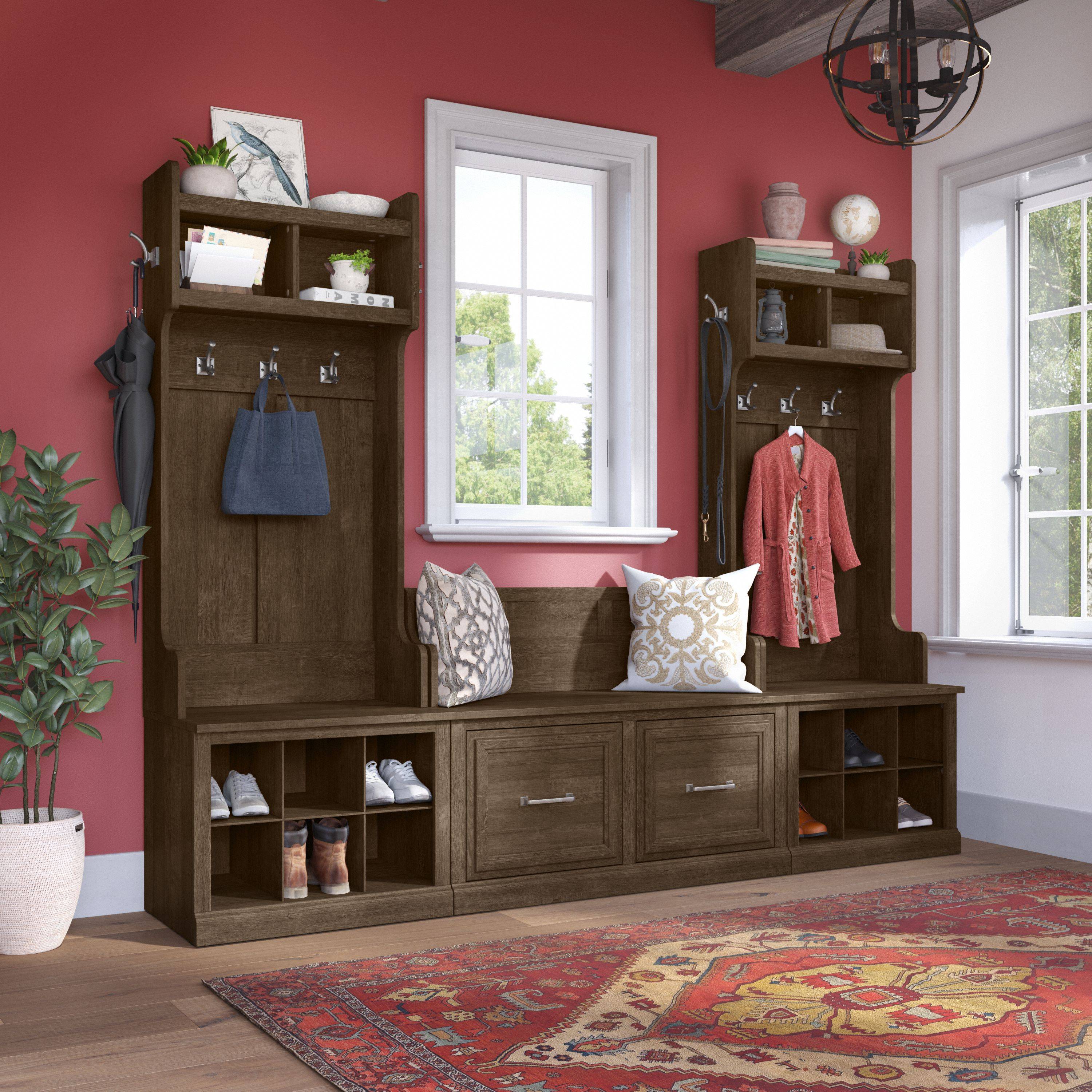 Shop Bush Furniture Woodland Entryway Storage Set with Hall Trees and Shoe Bench with Doors 01 WDL011ABR #color_ash brown
