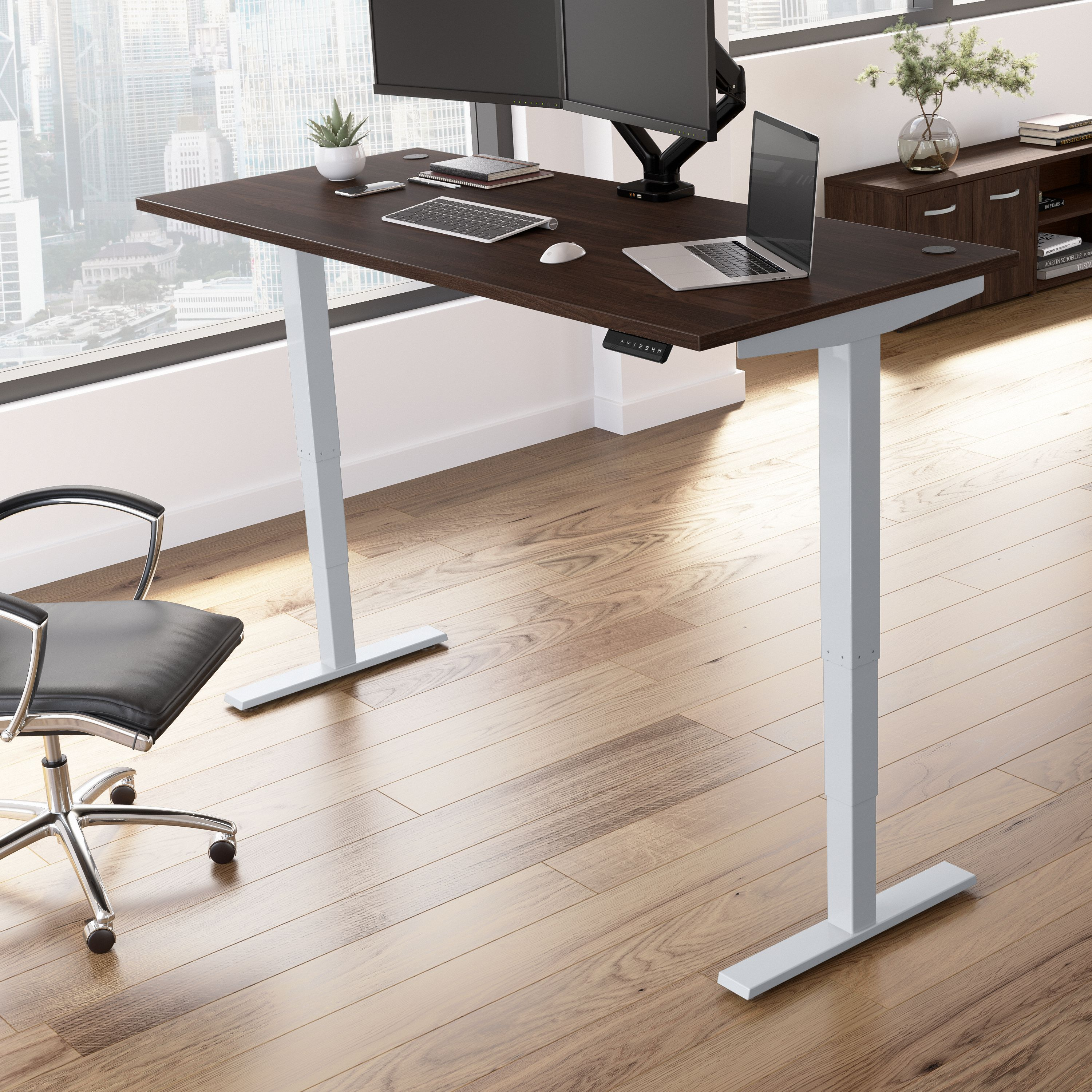 Shop Move 40 Series by Bush Business Furniture 72W x 30D Electric Height Adjustable Standing Desk 01 M4S7230BWSK #color_black walnut/cool gray metallic