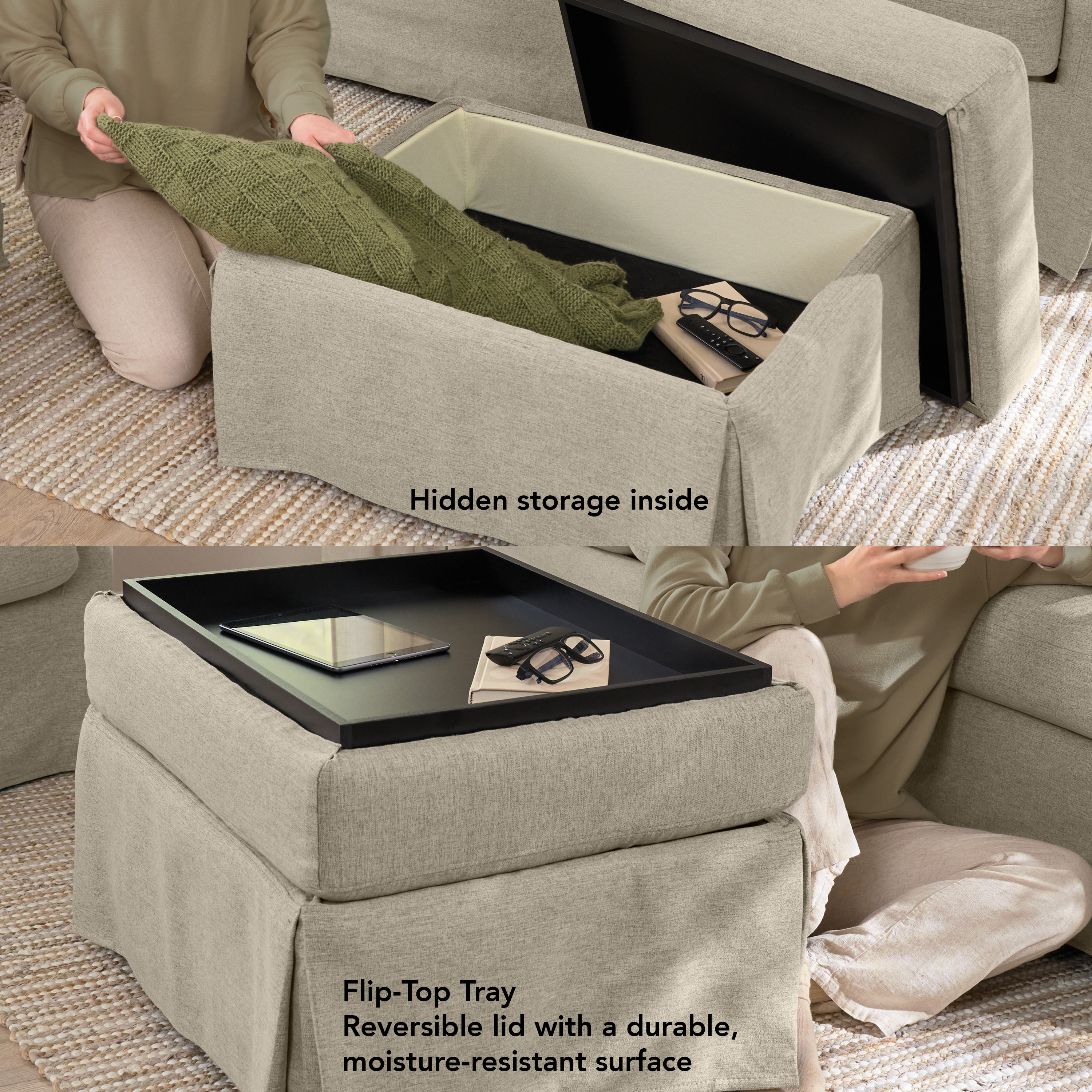Shop Bush Home Harper Storage Ottoman with Tray and Slipcover HAR012SDB 5 #color_sand basketweave fabric
