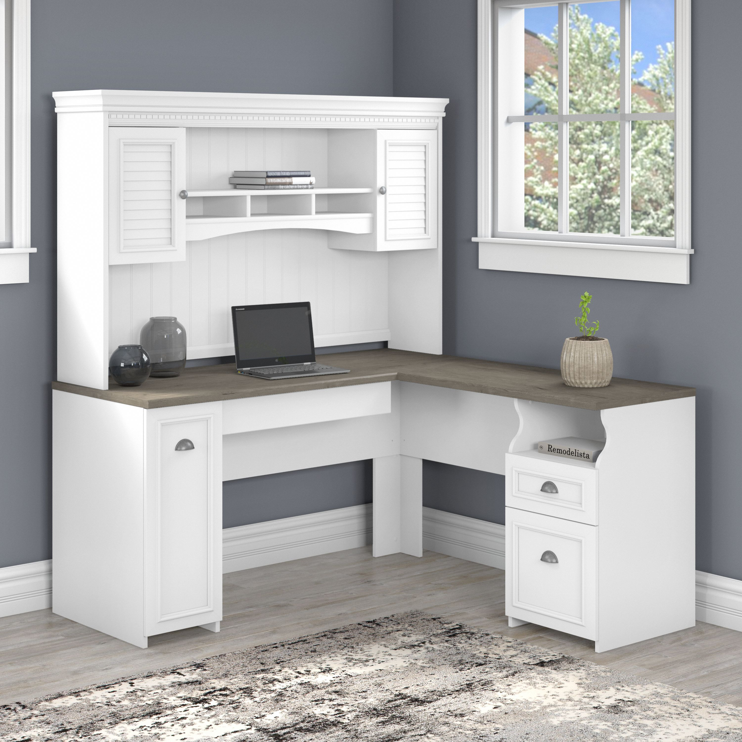 Shop Bush Furniture Fairview 60W L Shaped Desk with Hutch 01 FV004G2W #color_shiplap gray/pure white