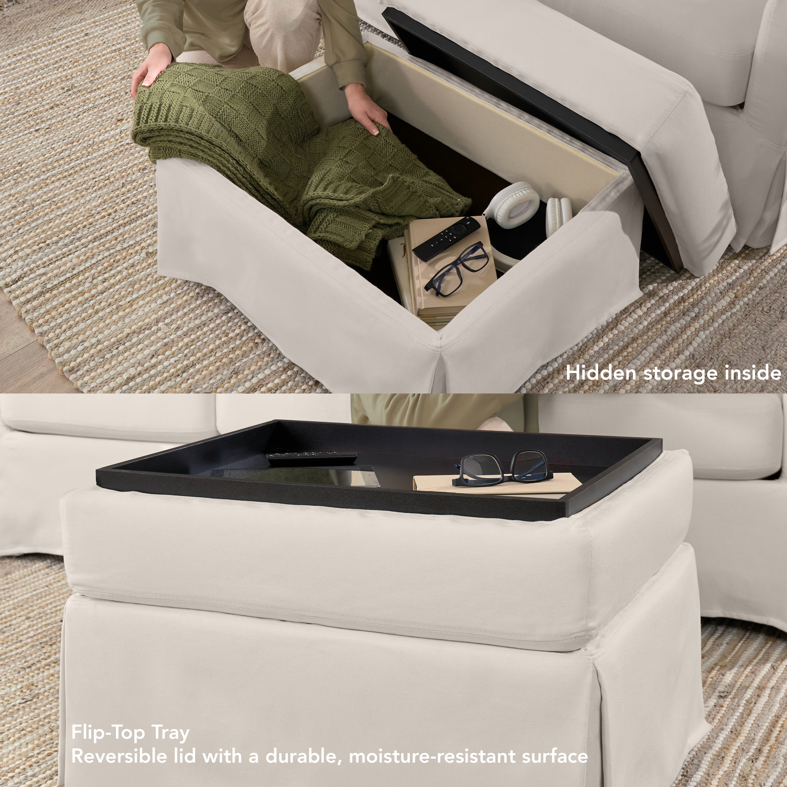 Shop Bush Home Harper Storage Ottoman with Tray and Slipcover HAR012IYB 5 #color_ivory basketweave fabric