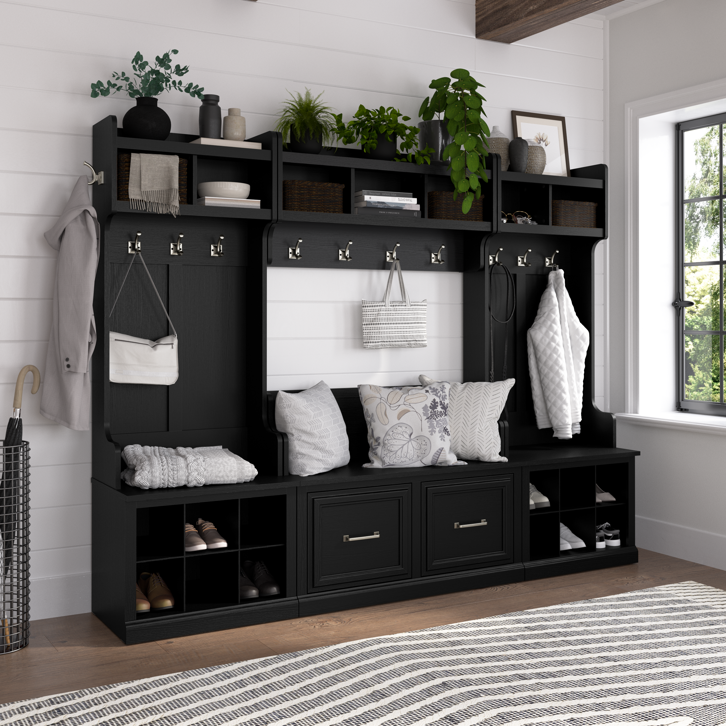 Shop Bush Furniture Woodland Entryway Storage Set with Hall Trees and Shoe Bench with Doors 08 WDL011BS #color_black suede oak