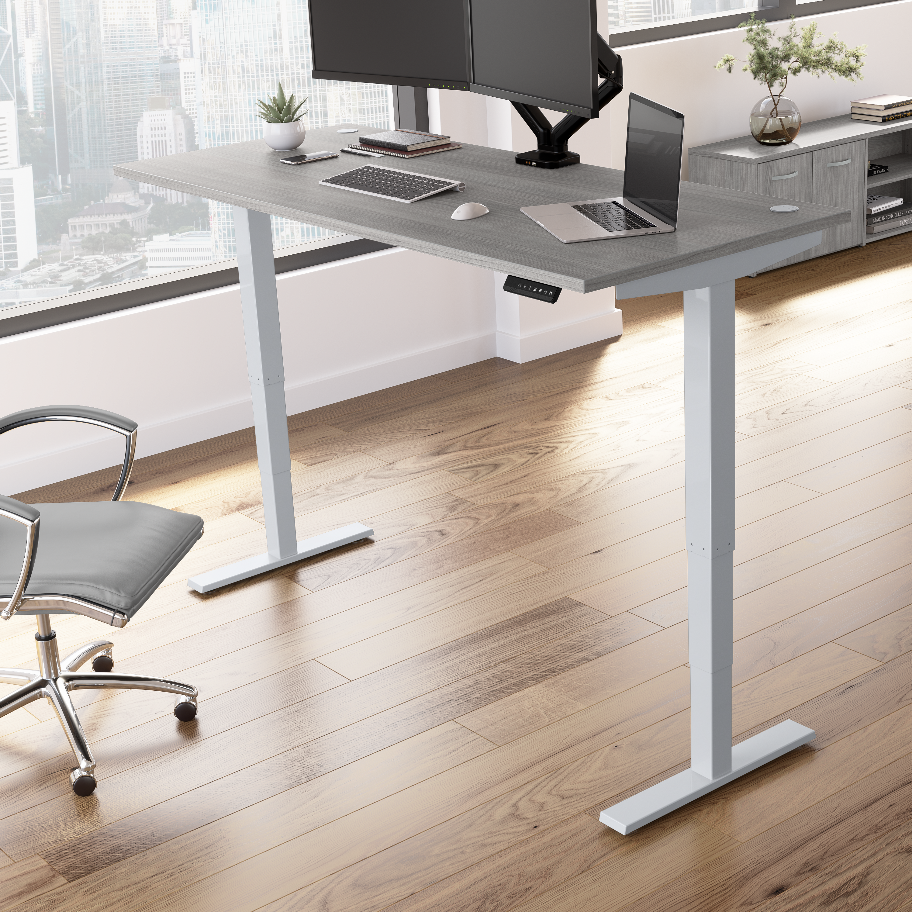 Shop Move 40 Series by Bush Business Furniture 72W x 30D Electric Height Adjustable Standing Desk 01 M4S7230PGSK #color_platinum gray/cool gray metallic