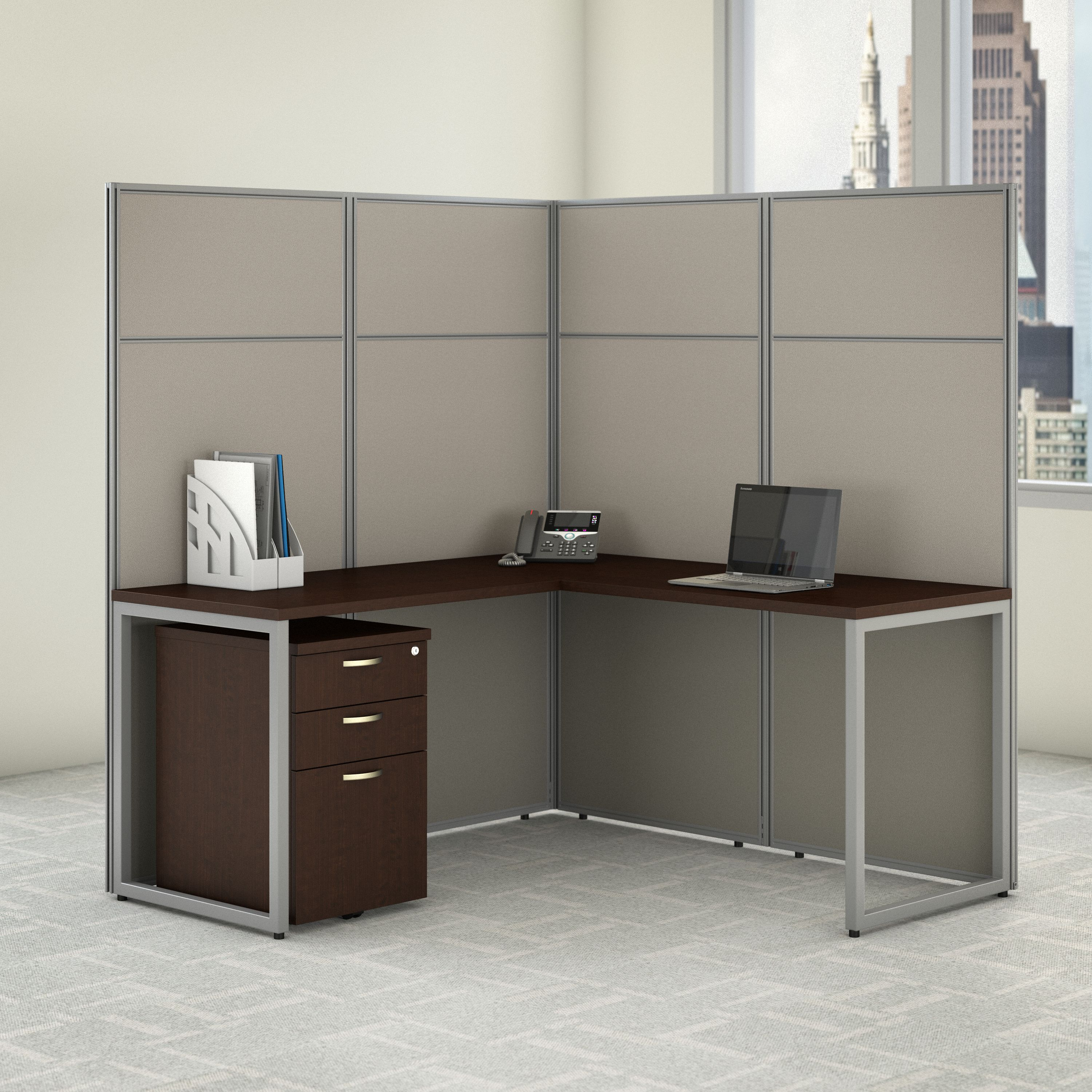 Shop Bush Business Furniture Easy Office 60W L Shaped Cubicle Desk with File Cabinet and 66H Panels 01 EODH36SMR-03K #color_mocha cherry