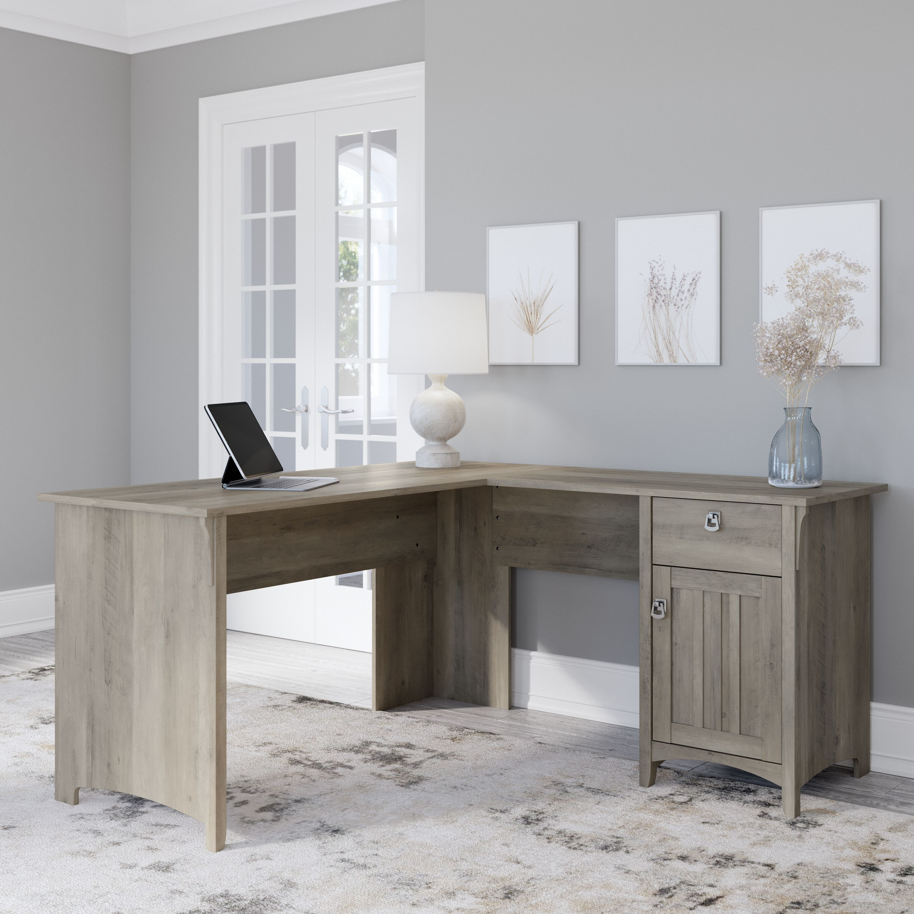 Shop Bush Furniture Salinas 60W L Shaped Desk with Storage 01 SAD160DG-03 #color_driftwood gray