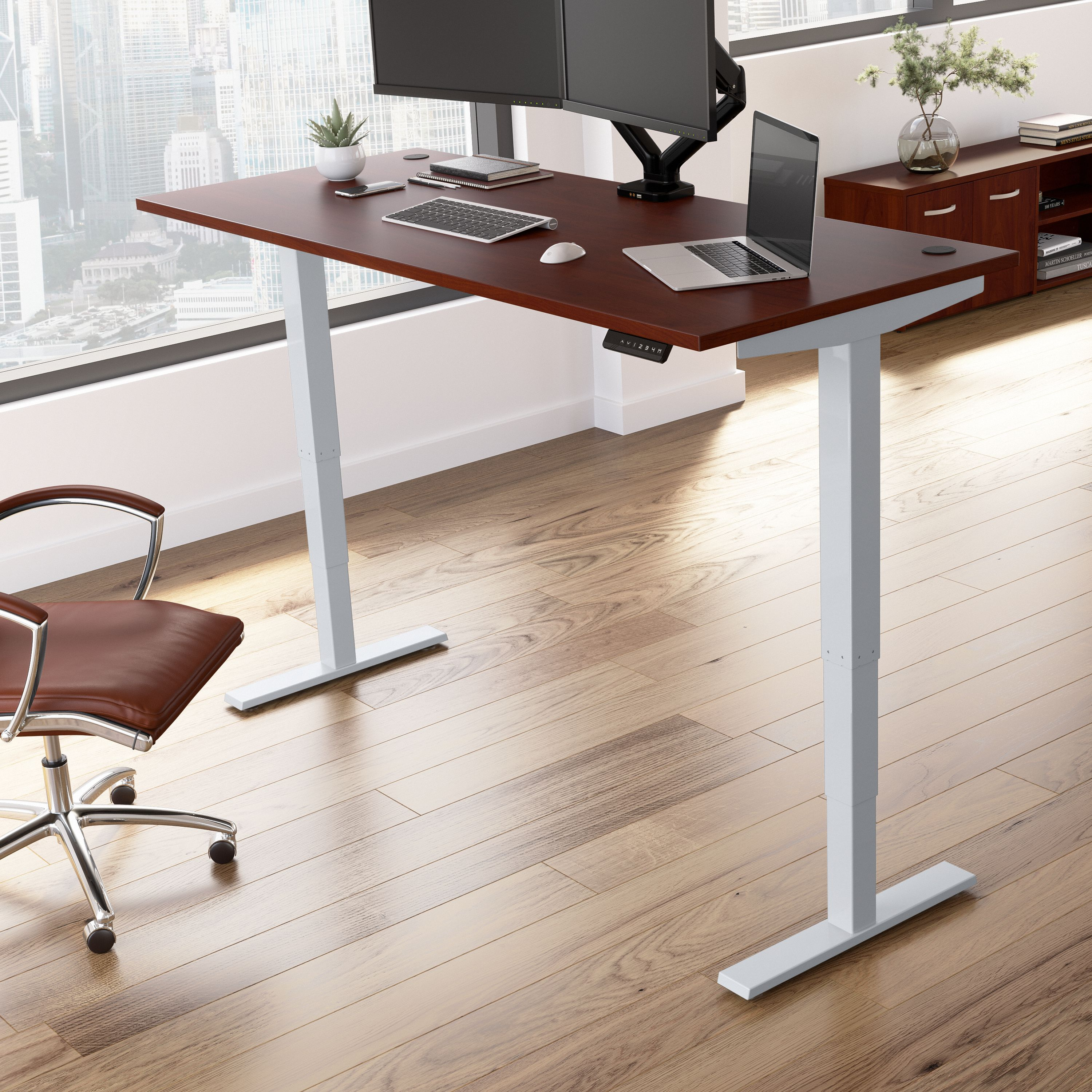 Shop Move 40 Series by Bush Business Furniture 72W x 30D Electric Height Adjustable Standing Desk 01 M4S7230HCSK #color_hansen cherry/cool gray metallic