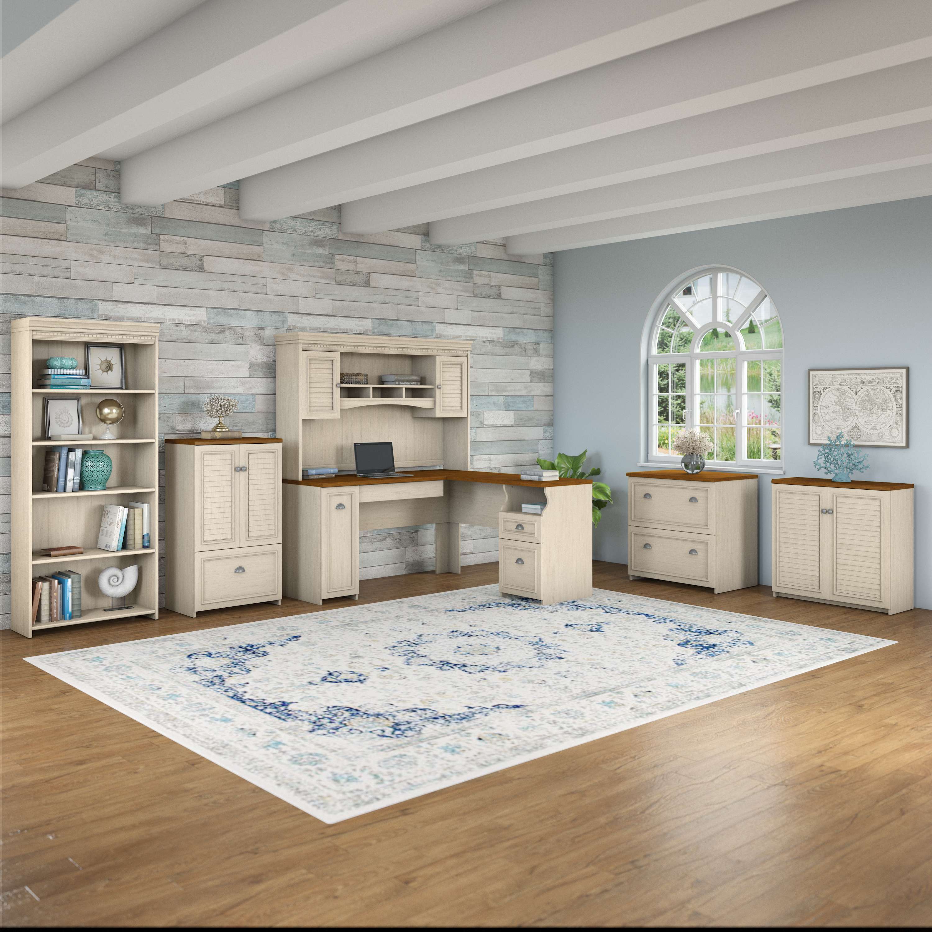 Shop Bush Furniture Fairview 60W L Shaped Desk with Hutch and Lateral File Cabinet 06 FV003AW #color_antique white/tea maple