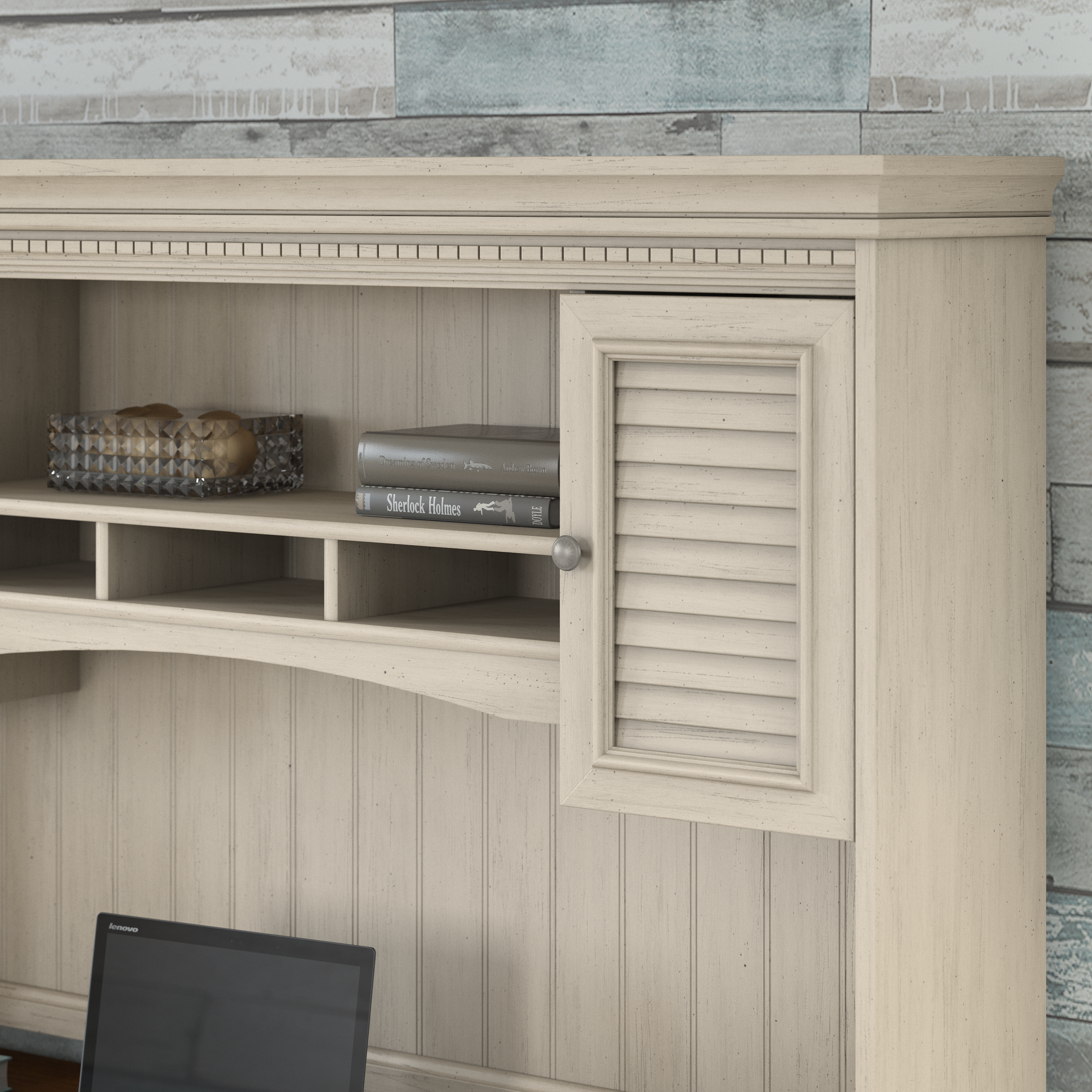 Shop Bush Furniture Fairview 60W L Shaped Desk with Hutch and Storage Cabinet with File Drawer 09 FV010AW #color_antique white/tea maple