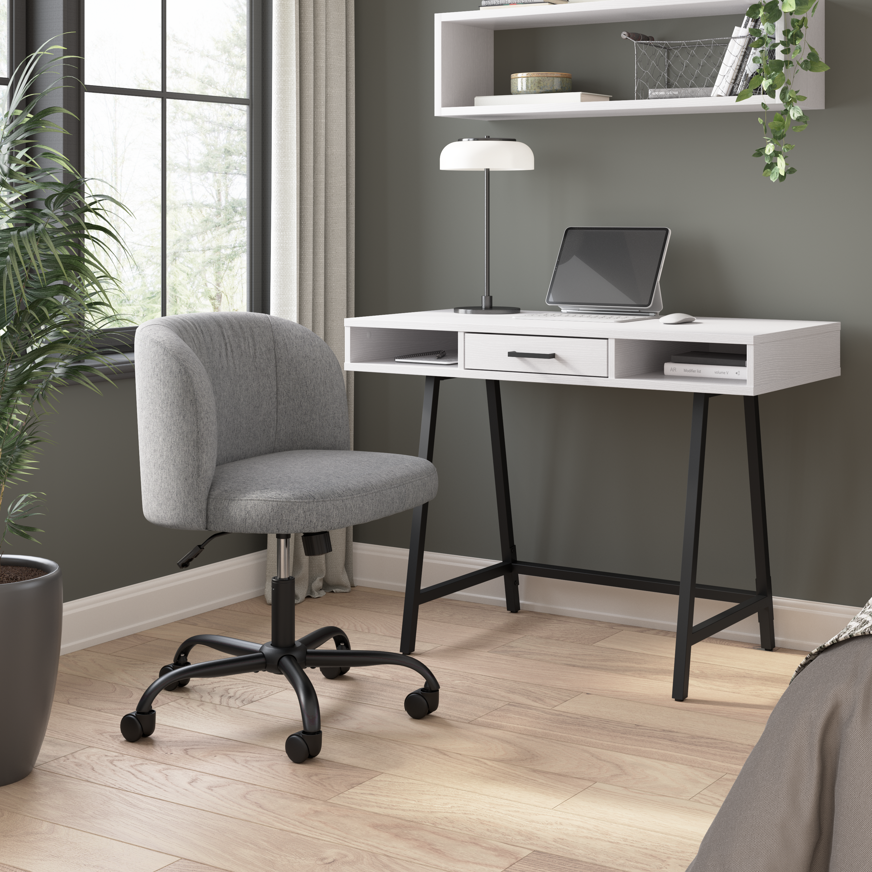 Shop Bush Furniture Steele 40W Small Writing Desk and Chair Set for Home Office 01 STE001WT #color_pure white oak/warm gray fabric
