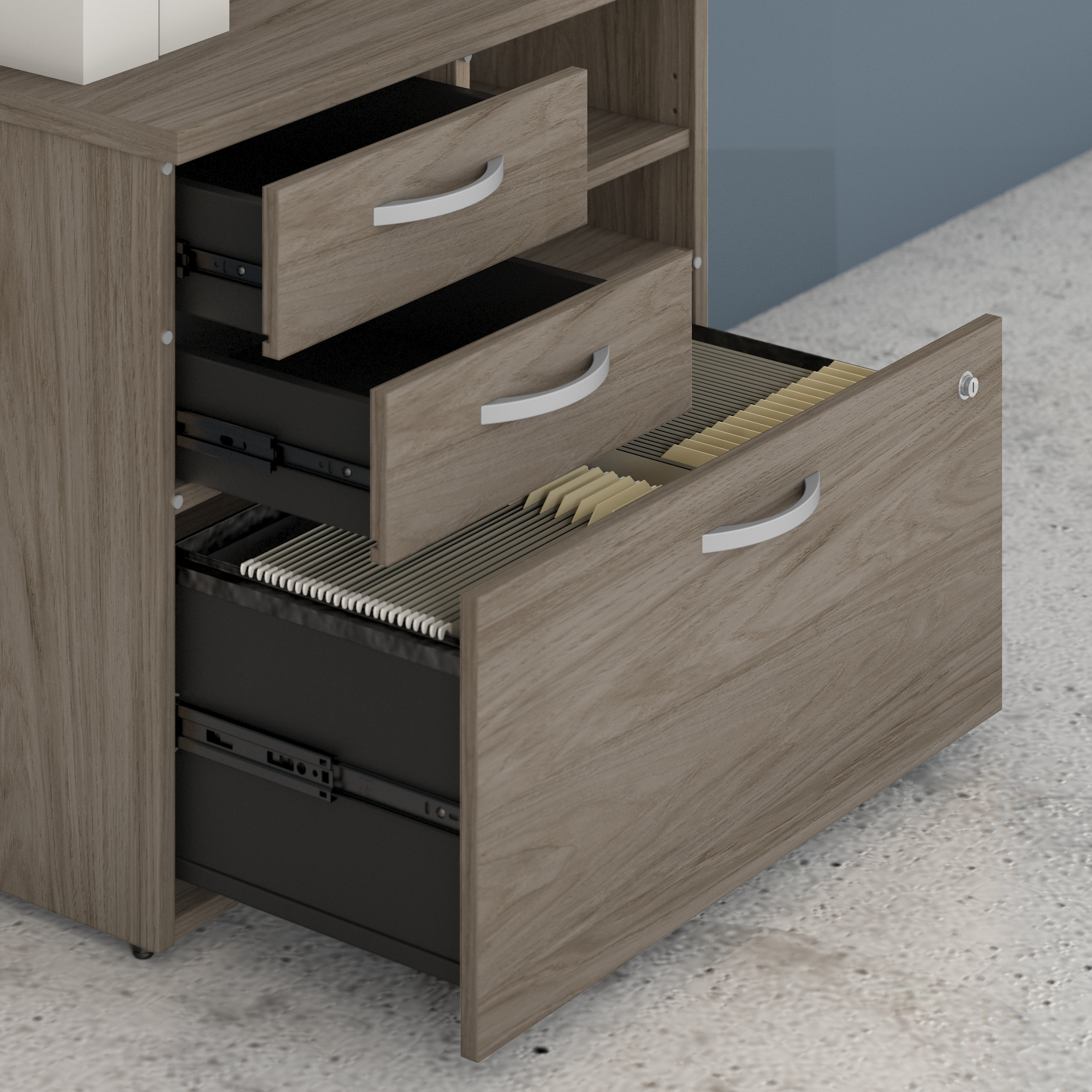 Shop Bush Business Furniture Hybrid Office Storage Cabinet with Drawers and Shelves 03 HYF130MHSU-Z #color_modern hickory