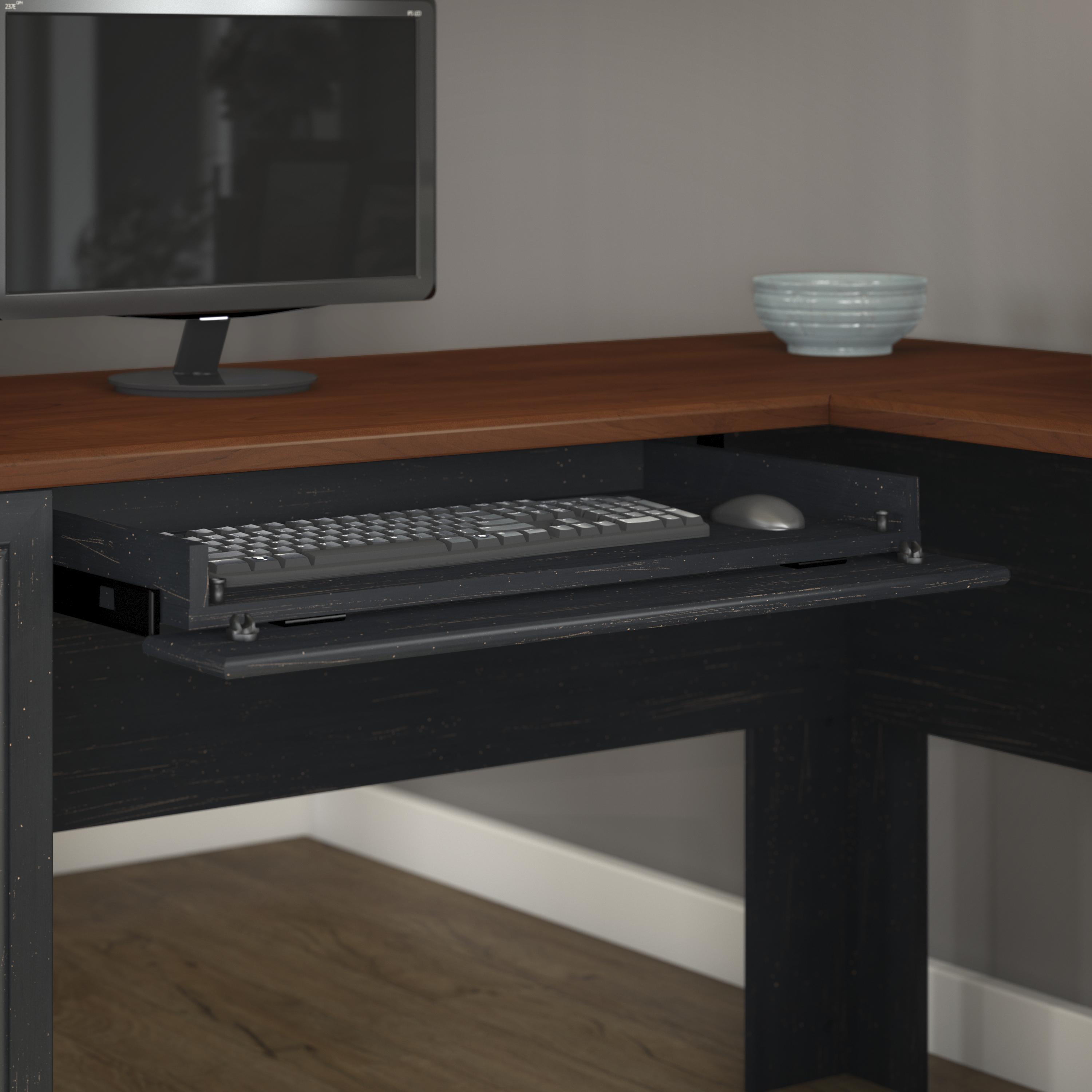 Shop Bush Furniture Fairview 60W L Shaped Desk with Hutch and Storage Cabinet with File Drawer 07 FV010AB #color_antique black/hansen cherry