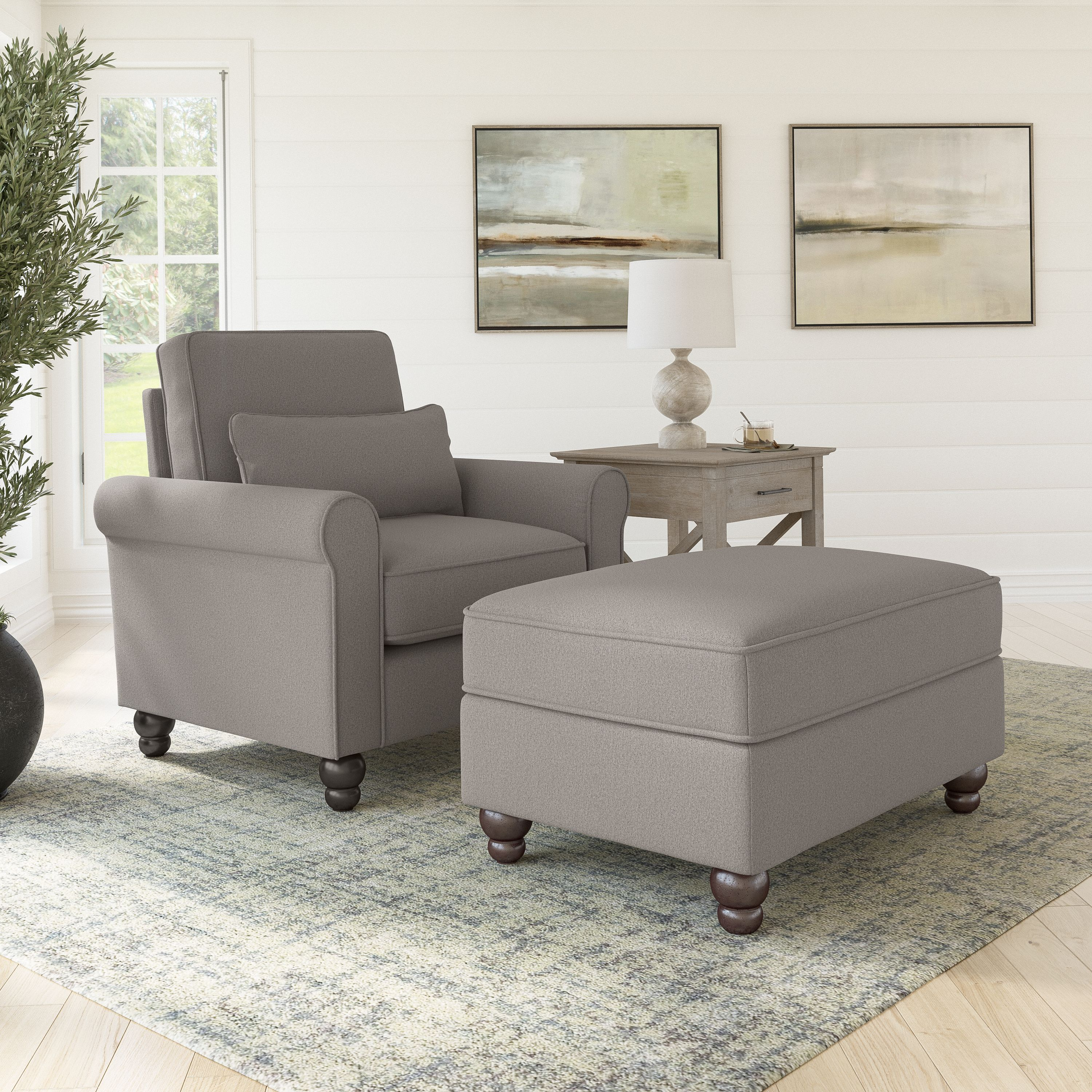 Shop Bush Furniture Hudson Accent Chair with Ottoman Set 01 HDN010BGH #color_beige herringbone fabric
