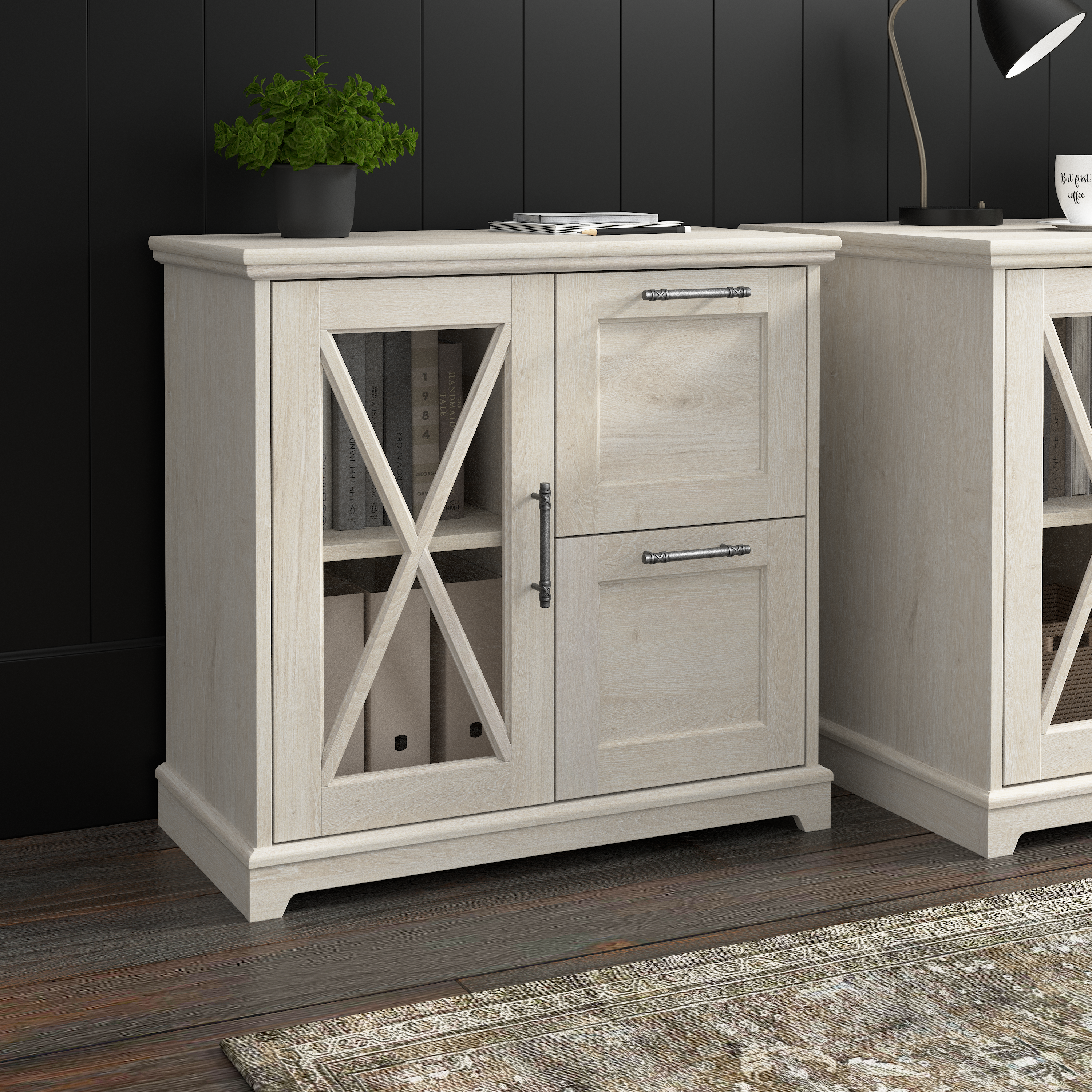 Shop Bush Furniture Lennox Farmhouse 2 Drawer Lateral File Cabinet with Shelves 01 LEF132LW-03 #color_linen white oak