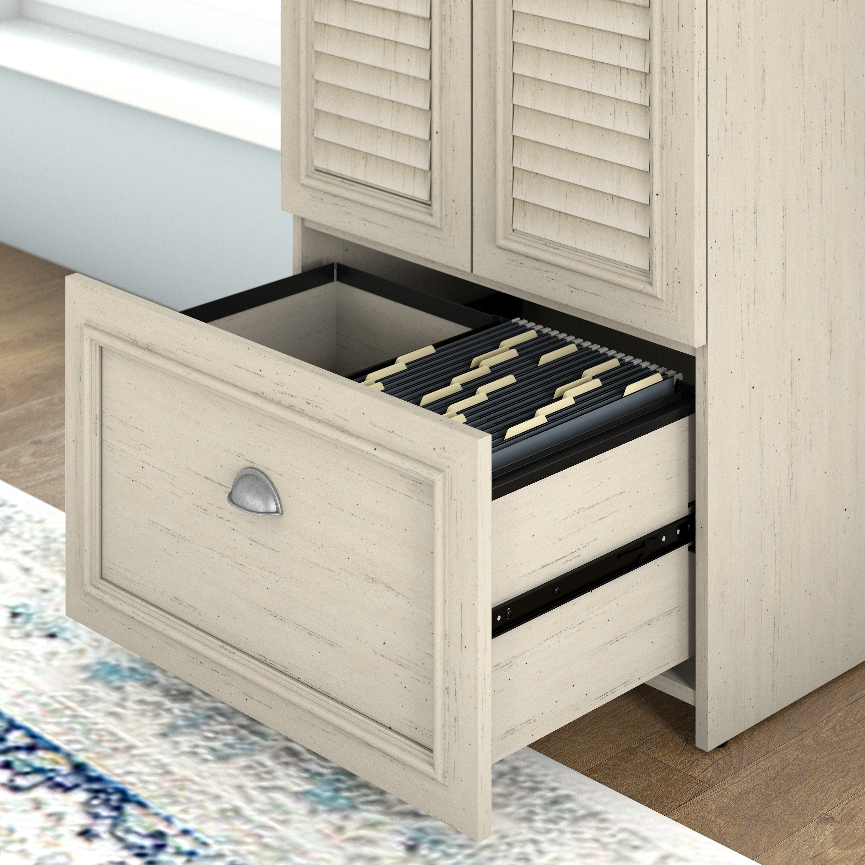 Shop Bush Furniture Fairview 60W L Shaped Desk with Hutch and Storage Cabinet with File Drawer 08 FV010AW #color_antique white/tea maple