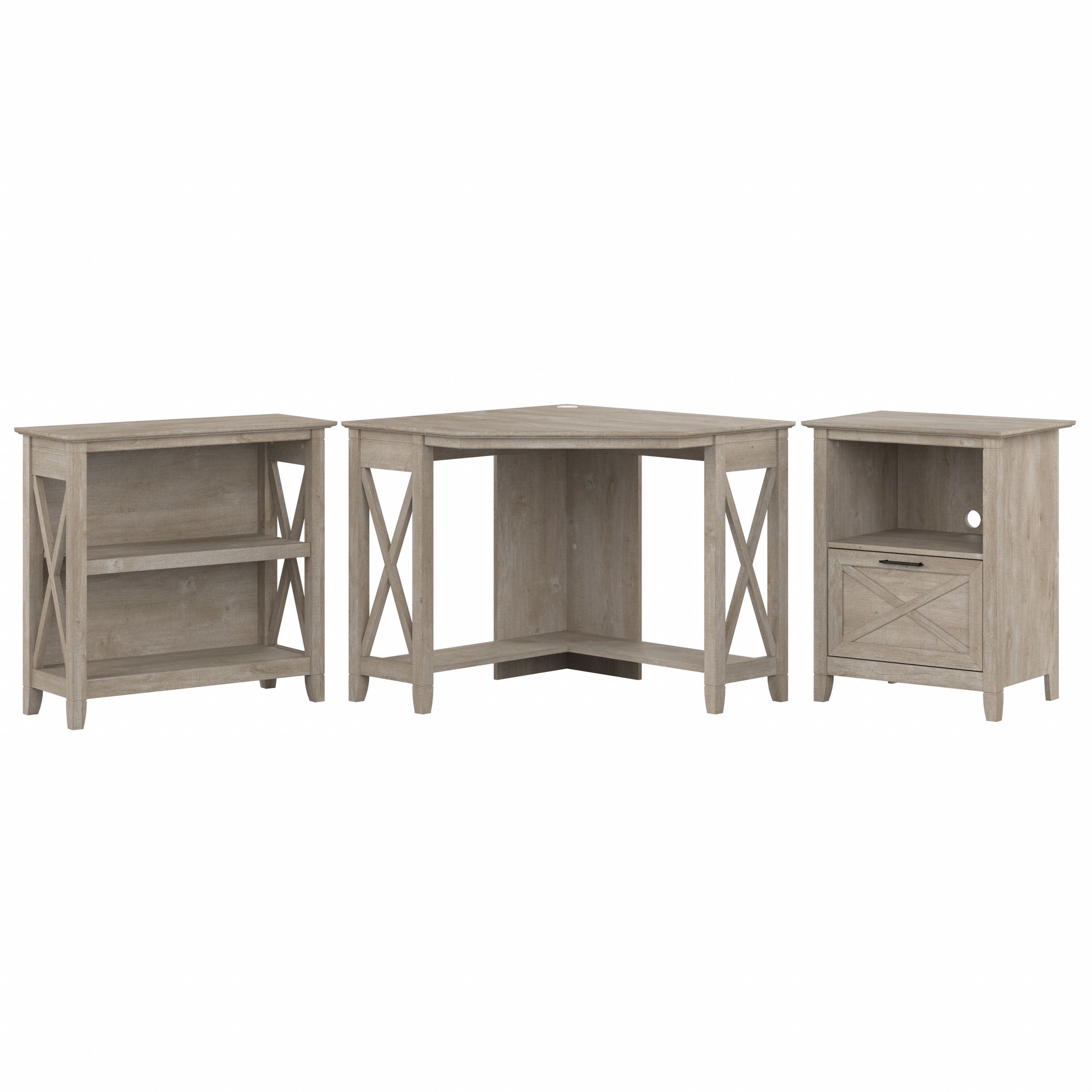 Shop Bush Furniture Key West Small Corner Desk with Bookcase and Lateral File Cabinet 02 KWS050WG #color_washed gray