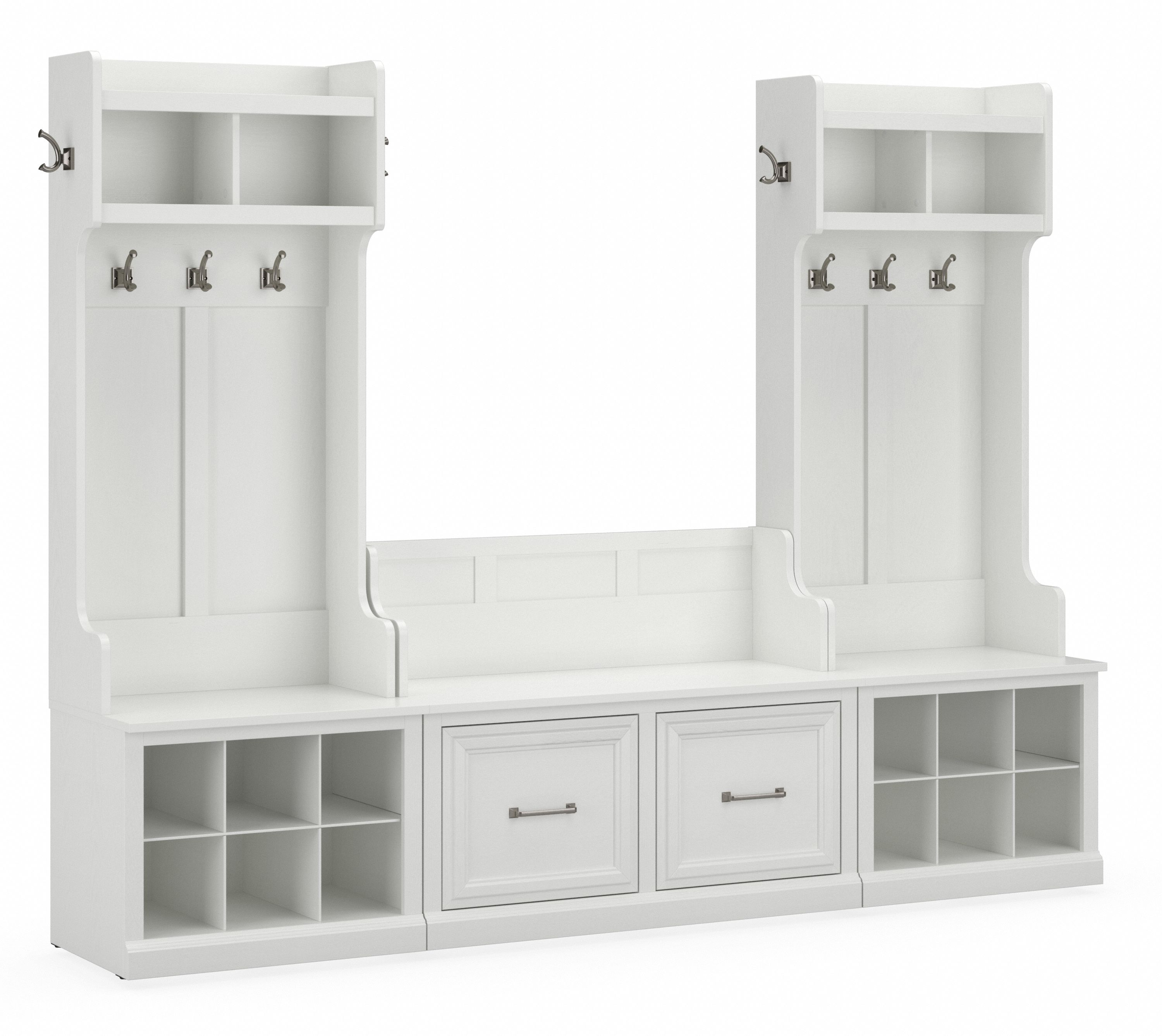 Shop Bush Furniture Woodland Entryway Storage Set with Hall Trees and Shoe Bench with Doors 02 WDL011WAS #color_white ash