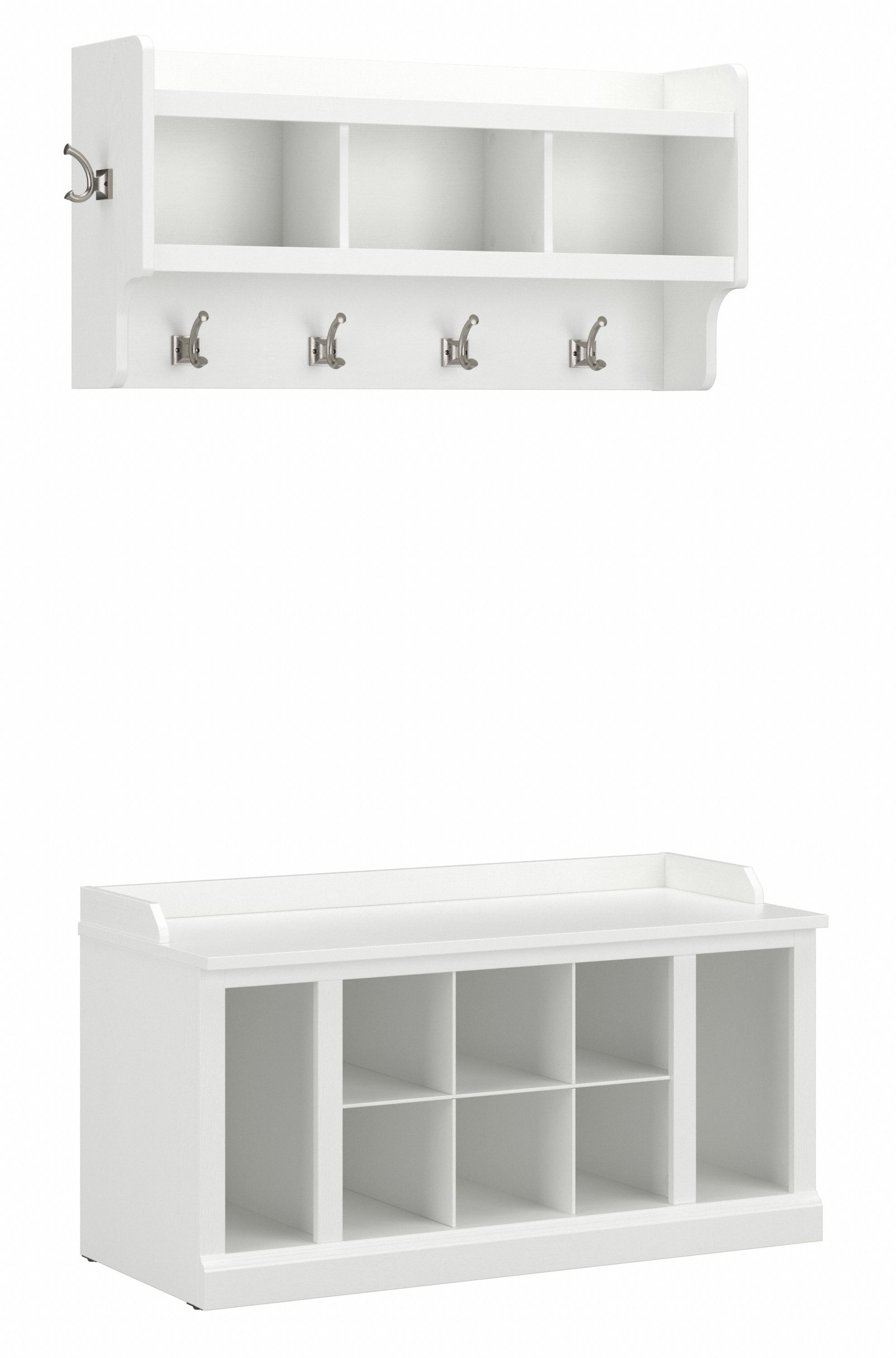 Shop Bush Furniture Woodland 40W Shoe Storage Bench with Shelves and Wall Mounted Coat Rack 02 WDL004WAS #color_white ash