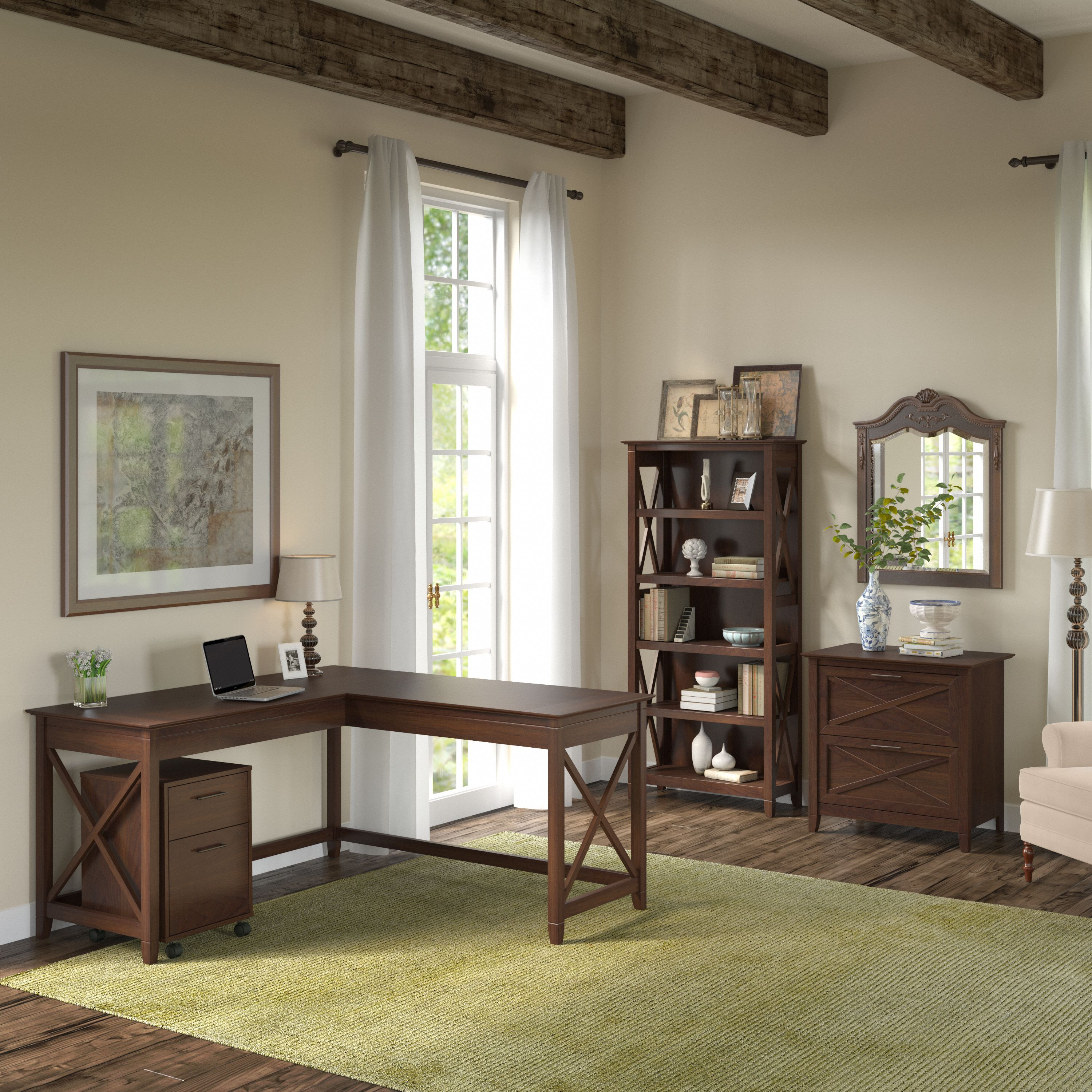 Shop Bush Furniture Key West 60W L Shaped Desk with File Cabinets and 5 Shelf Bookcase 01 KWS017BC #color_bing cherry