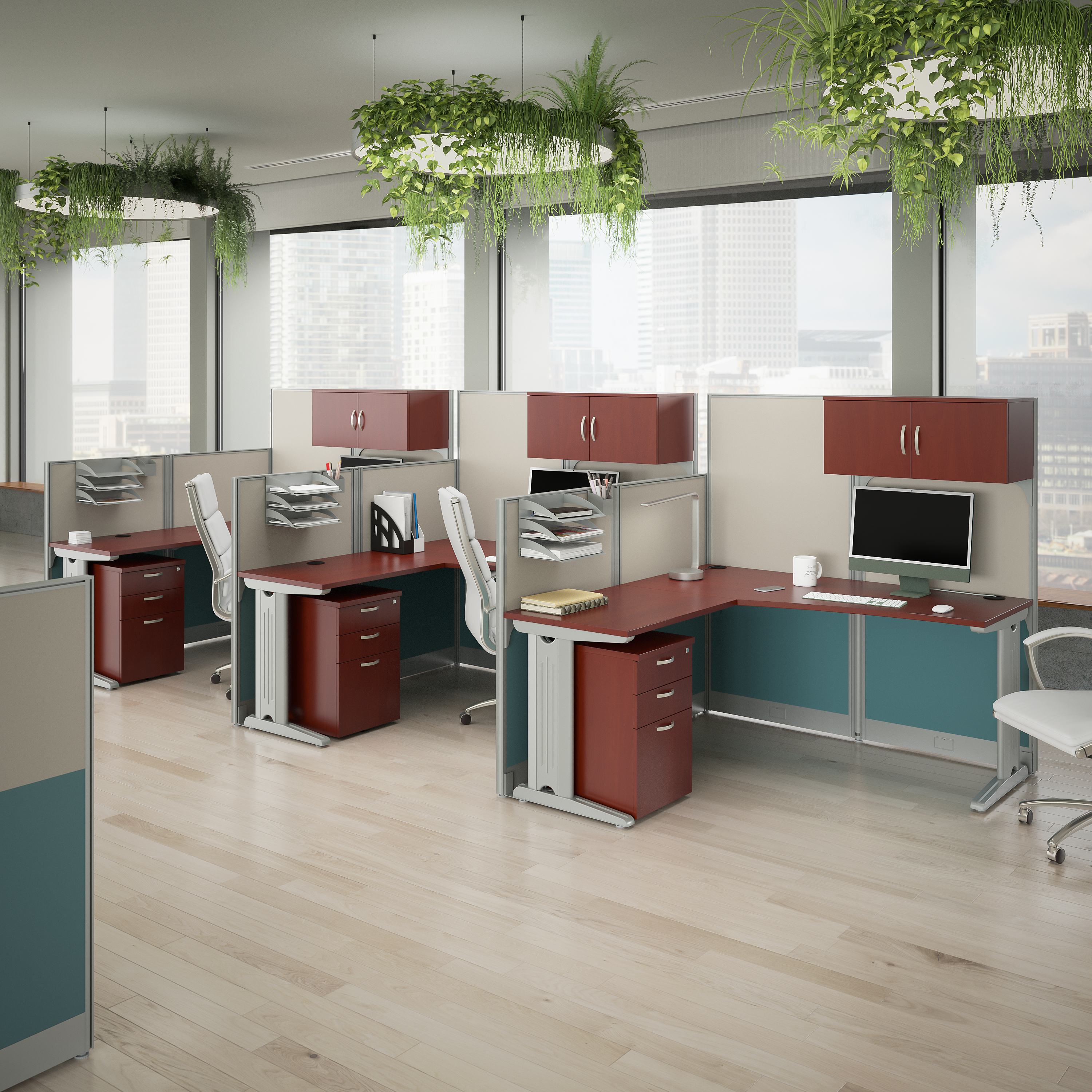 Shop Bush Business Furniture Office in an Hour 3 Person L Shaped Cubicle Desks with Storage, Drawers, and Organizers 01 OIAH006HC #color_hansen cherry