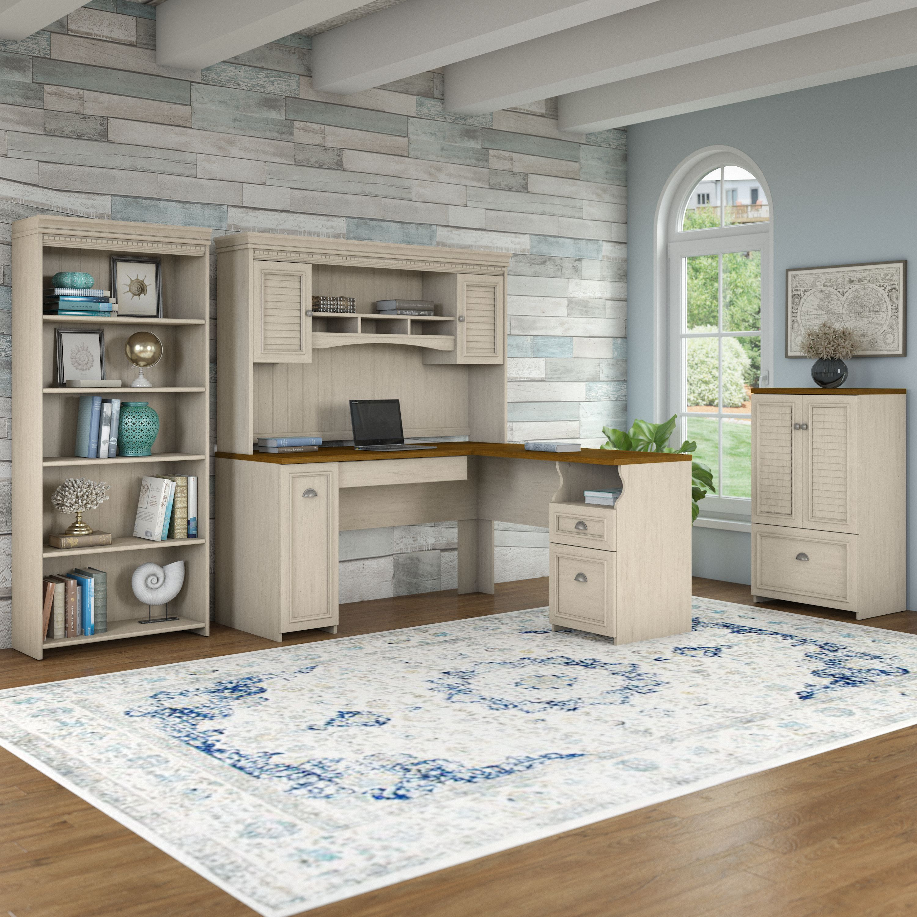 Shop Bush Furniture Fairview 60W L Shaped Desk with Hutch, 5 Shelf Bookcase and Storage 01 FV011AW #color_antique white