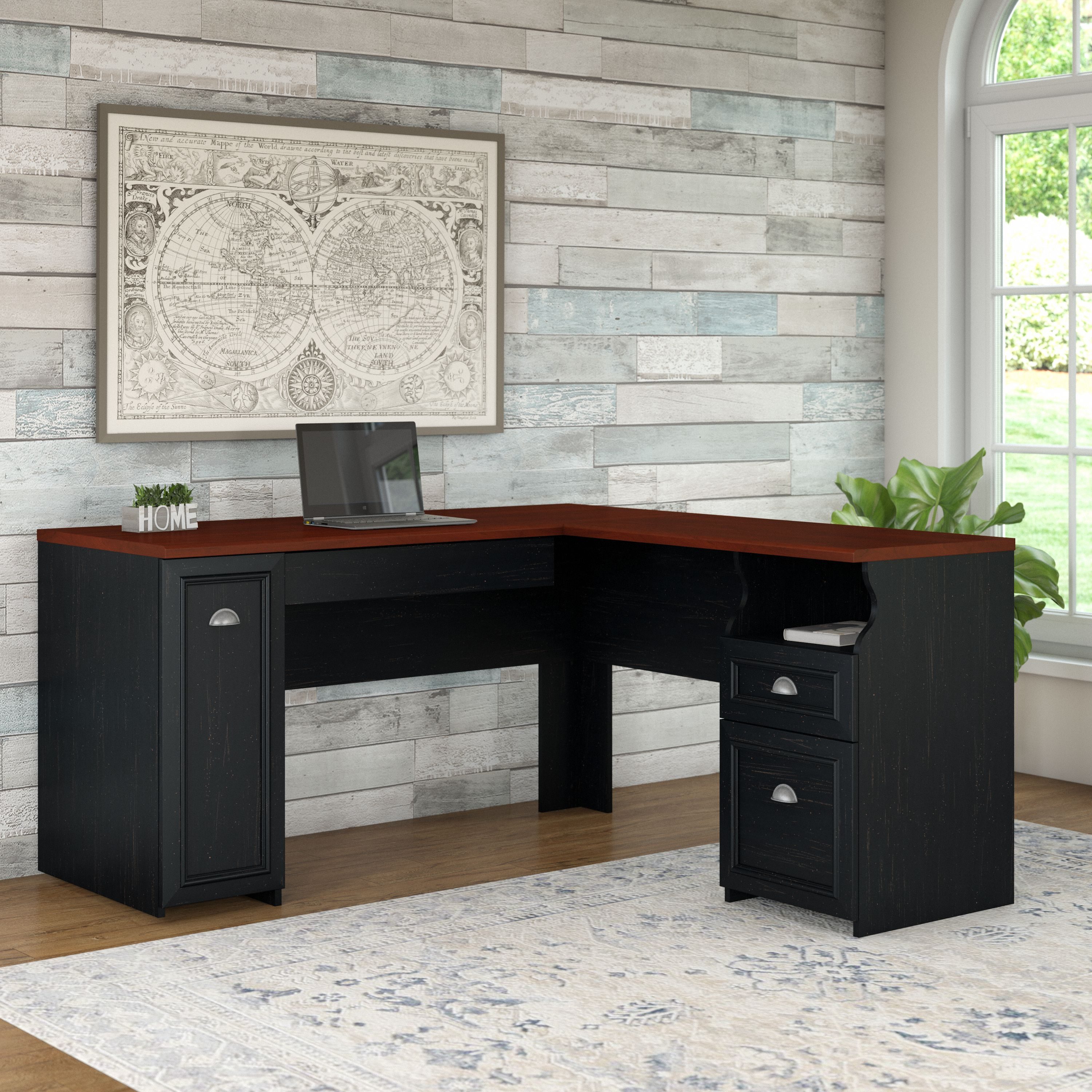 Shop Bush Furniture Fairview 60W L Shaped Desk with Drawers and Storage Cabinet 01 WC53930-03K #color_antique black/hansen cherry