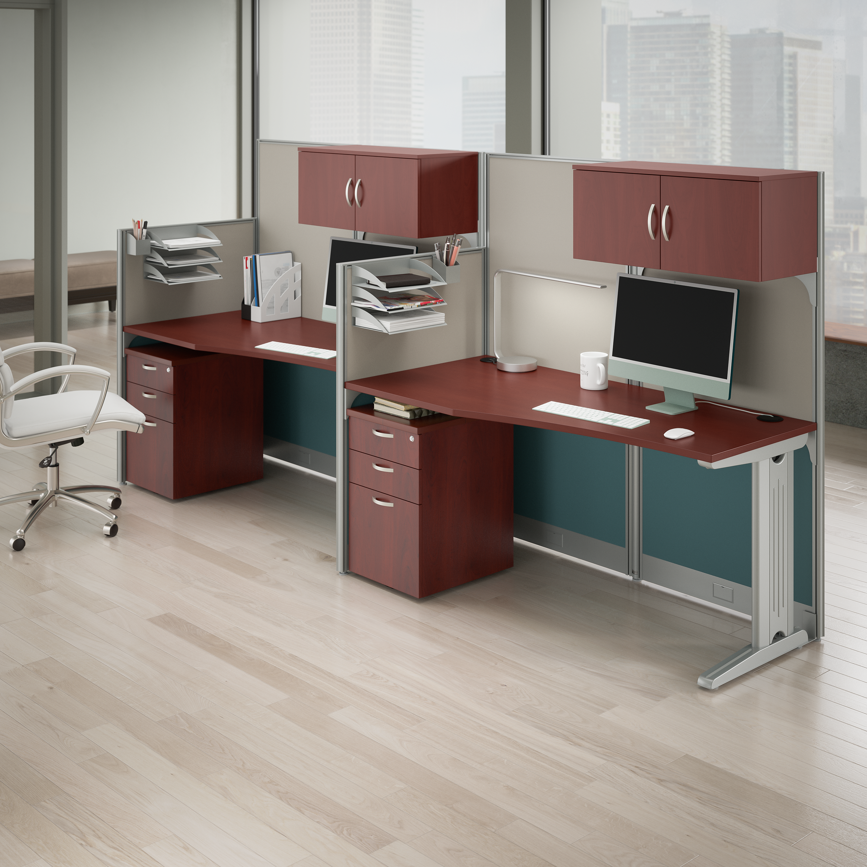 Shop Bush Business Furniture Office in an Hour 2 Person Straight Cubicle Desks with Storage, Drawers, and Organizers 01 OIAH005HC #color_hansen cherry