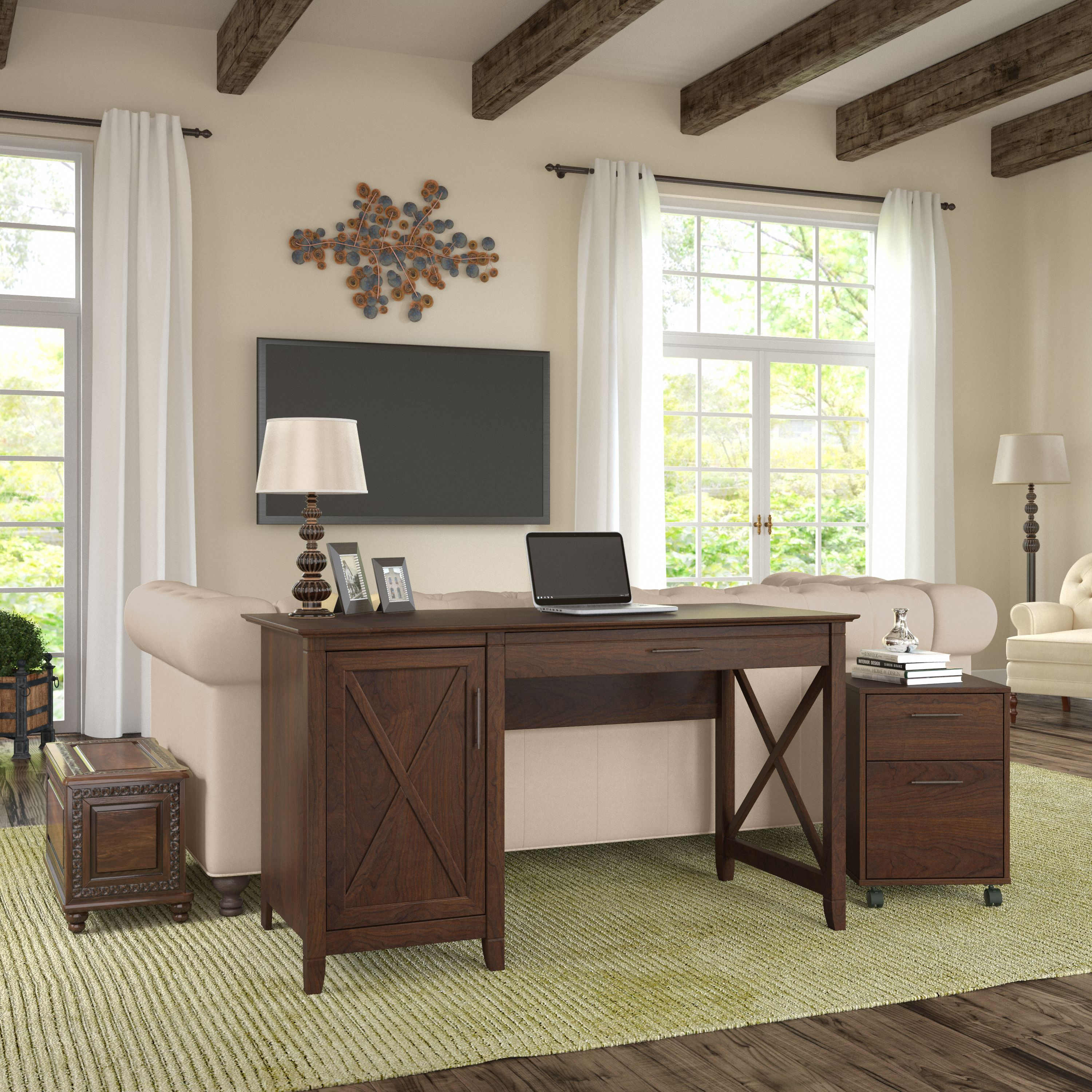 Shop Bush Furniture Key West 54W Computer Desk with Storage and 2 Drawer Mobile File Cabinet 01 KWS006BC #color_bing cherry