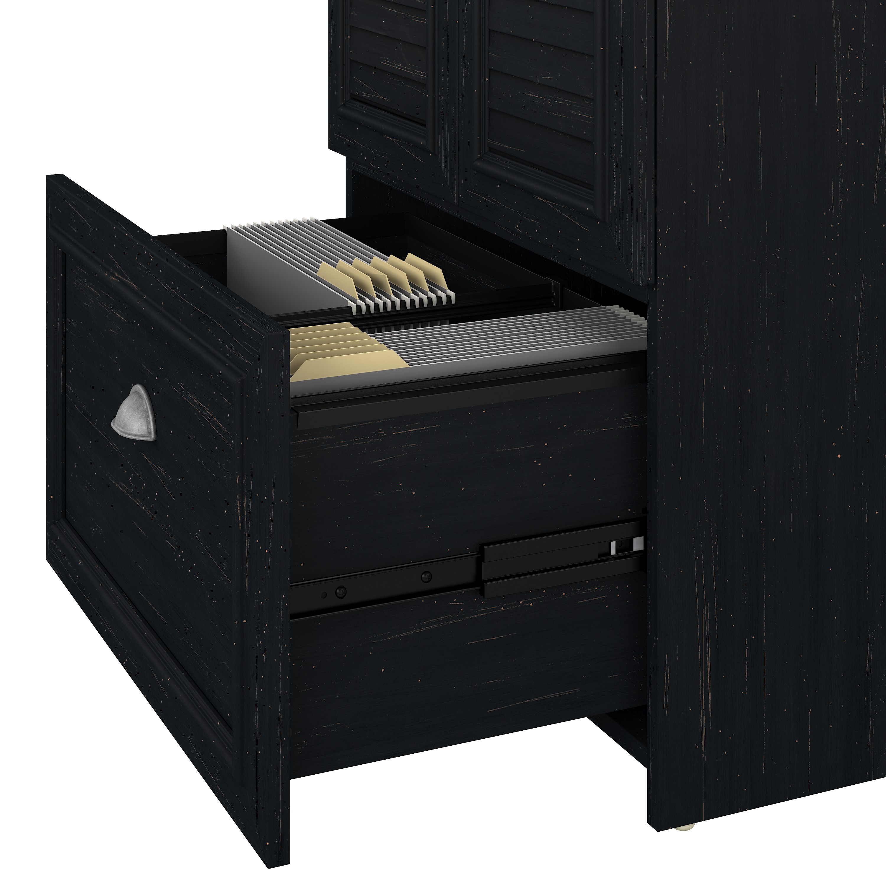 Shop Bush Furniture Fairview 60W L Shaped Desk with Hutch and Storage Cabinet with File Drawer 08 FV010AB #color_antique black/hansen cherry
