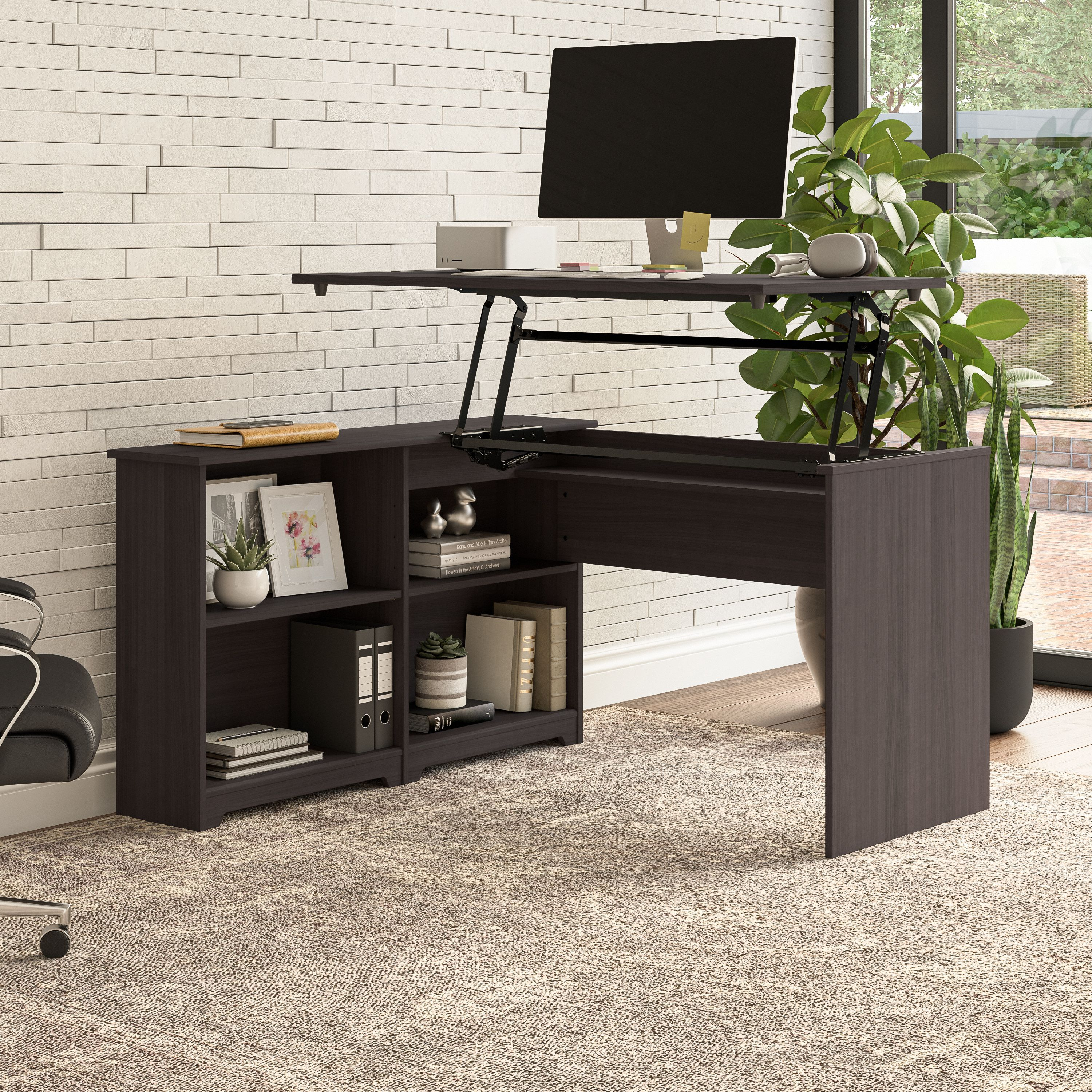 Shop Bush Furniture Cabot 52W 3 Position Sit to Stand Corner Desk with Shelves 01 WC31716 #color_heather gray